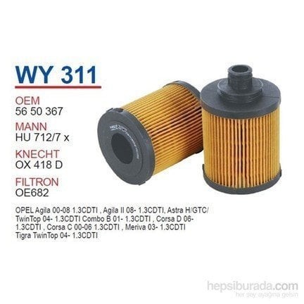 WUNDER WY311 | Opel Astra H 1.3 Dizel UFİ Tip Yağ Filtresi