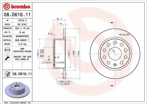 BREMBO 08.D616.11 | Fren Diski Arka (Skoda Octavia 18 -)-253×10 5×112 | 2 Adet