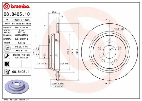 BREMBO 08.8405.11 | Fren Diski Arka (Mercedes Viano W639 Arka) Kaplamalı | 2 Adet