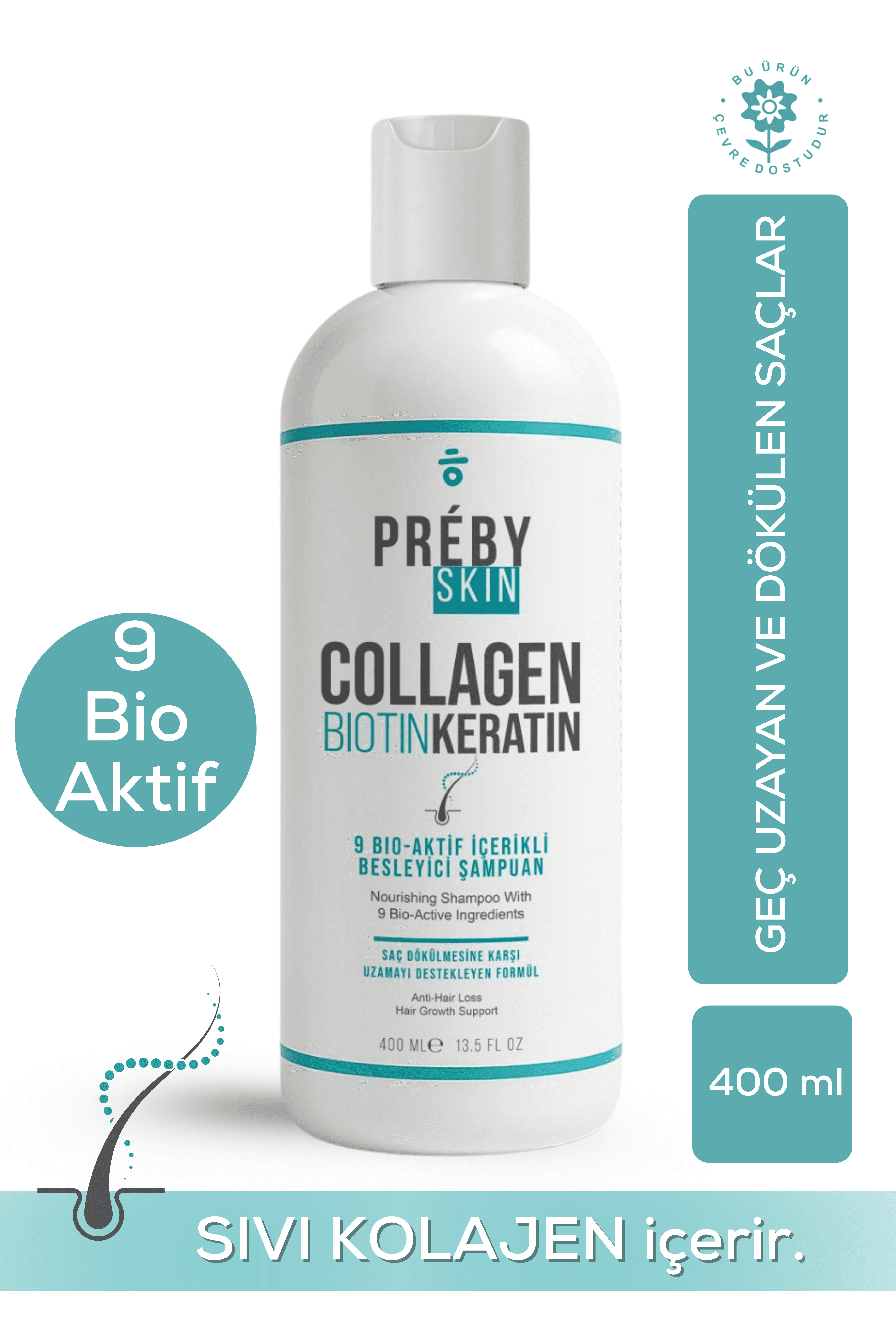 PrebySkin Kolajen, Biotin ve Keratin Saç Dökülmesine Karşı 9 Bio Aktif İçeren Besleyici Şampuan