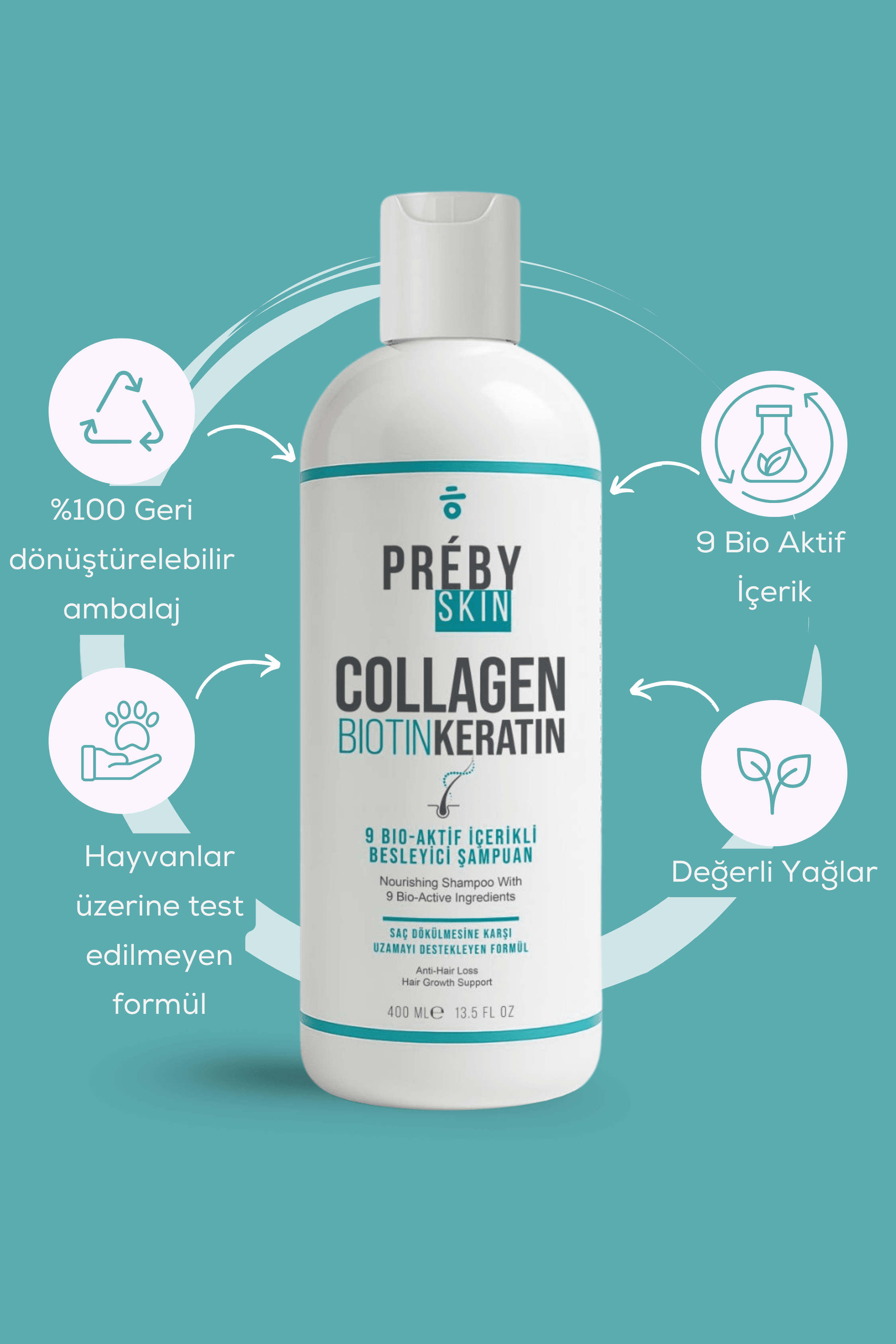 PrebySkin Kolajen, Biotin ve Keratin Saç Dökülmesine Karşı 9 Bio Aktif İçeren Besleyici Şampuan