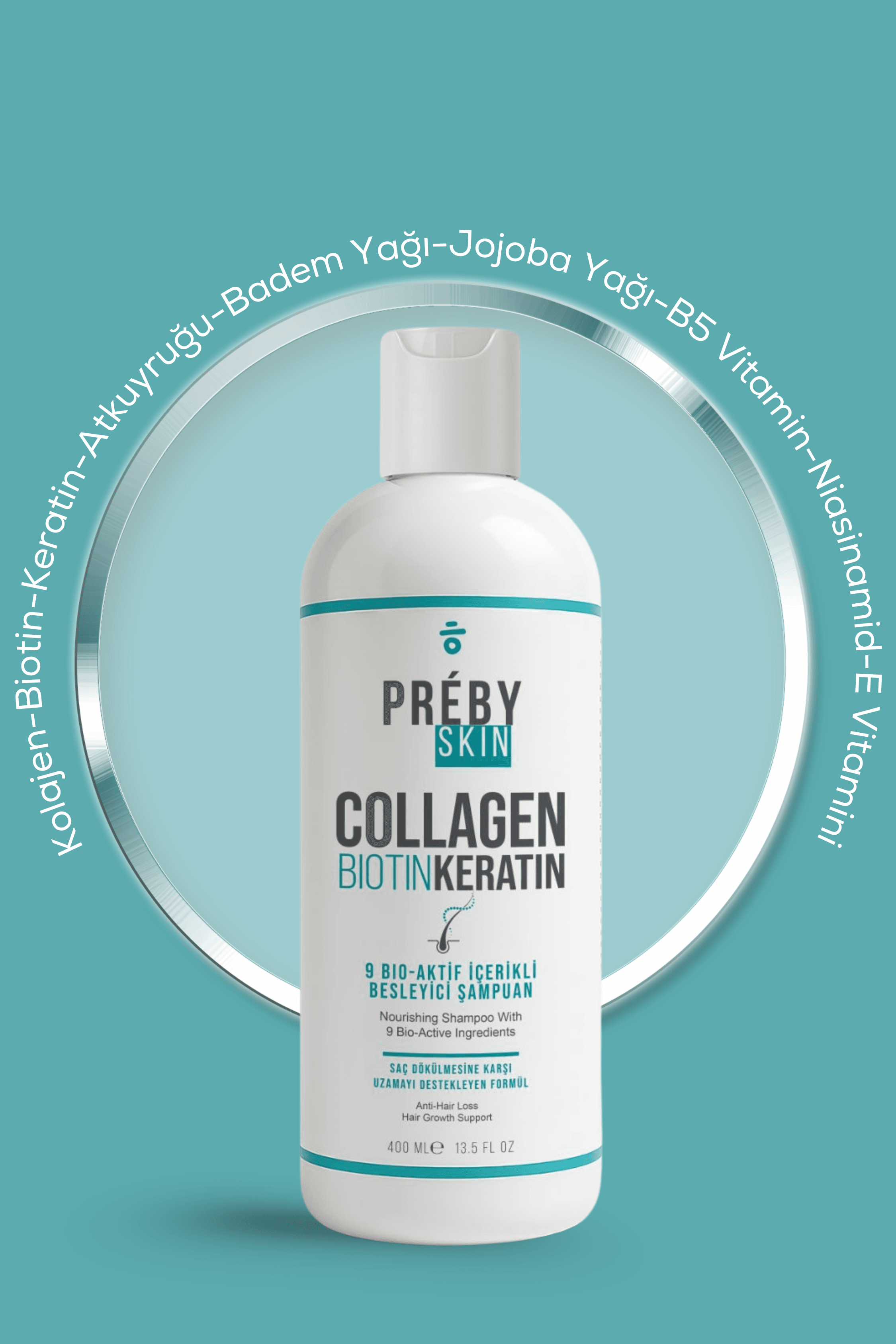 PrebySkin Kolajen, Biotin ve Keratin Saç Dökülmesine Karşı 9 Bio Aktif İçeren Besleyici Şampuan