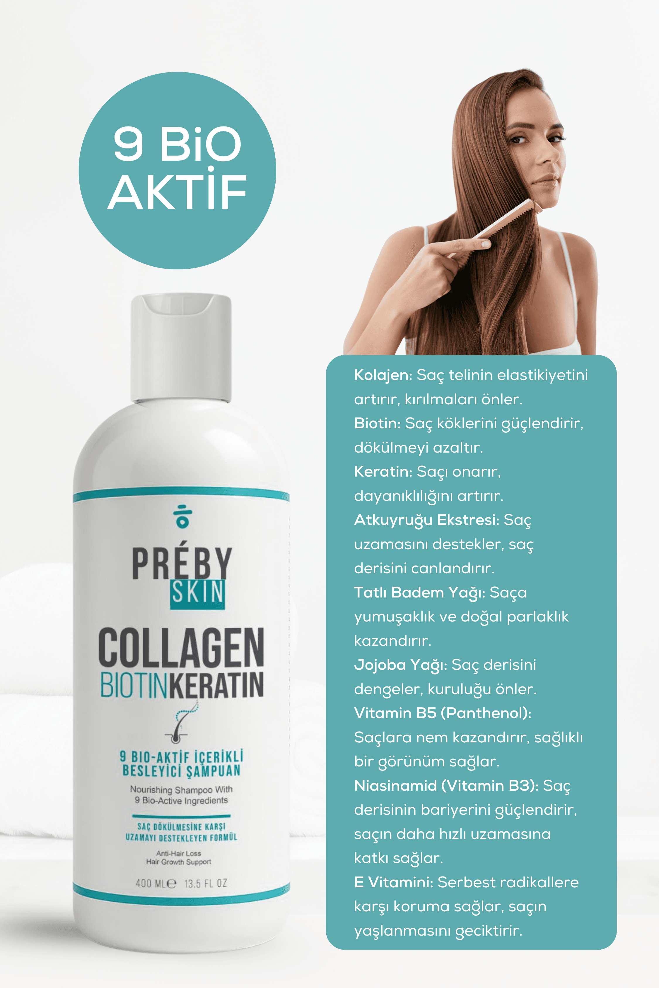 PrebySkin Kolajen, Biotin ve Keratin Saç Dökülmesine Karşı 9 Bio Aktif İçeren Besleyici Şampuan
