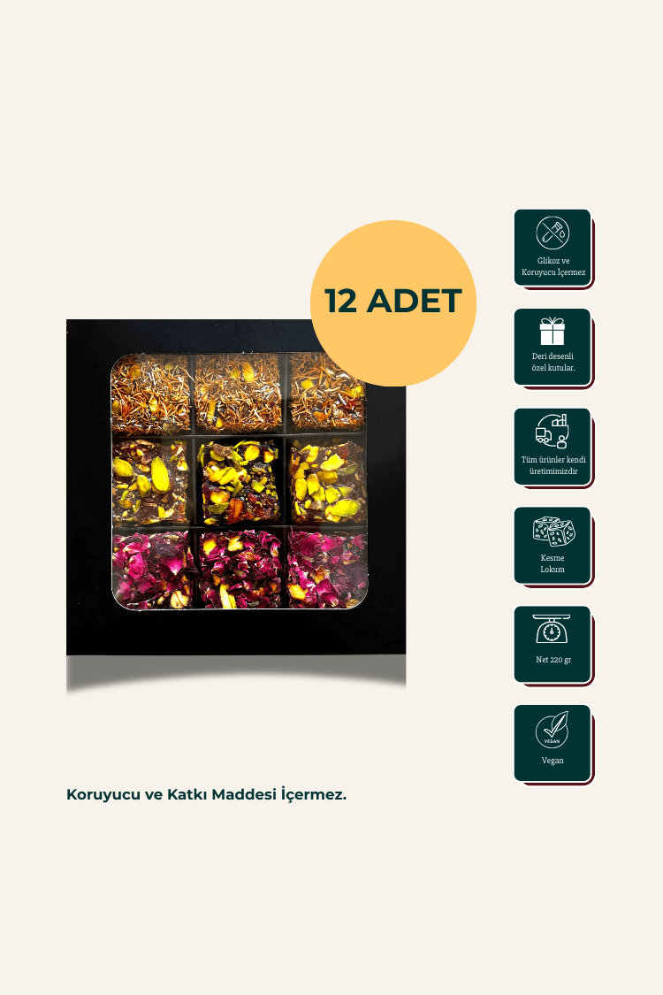 Hediyelik Kutuda Kral Lokum 12 ADET – Karışık Spesiyal Antep Fıstıklı (9 Gözlü – 220 gr)