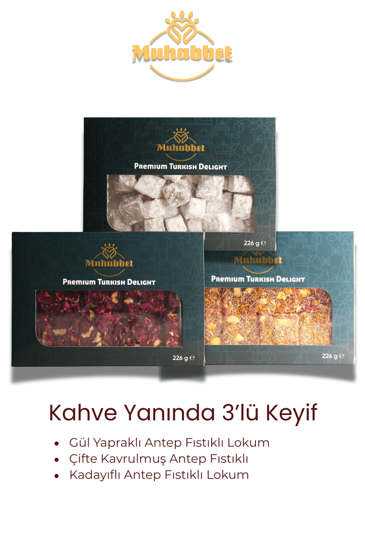 Kahve Yanı 3’lü Lokum Seti (230 g x 3) Gül Yapraklı-Kadayıflı- Çifte Kavrulmuş Lokum Paketi