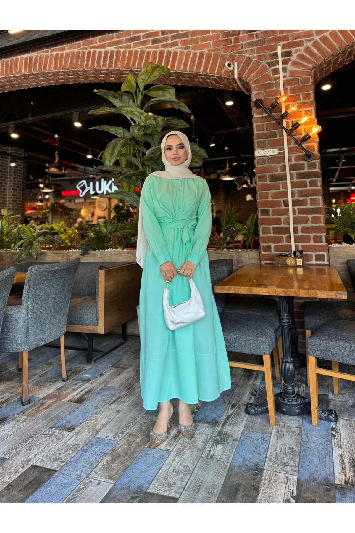 BEL KUŞAKLI POPLİN YAZLIK ELBİSE