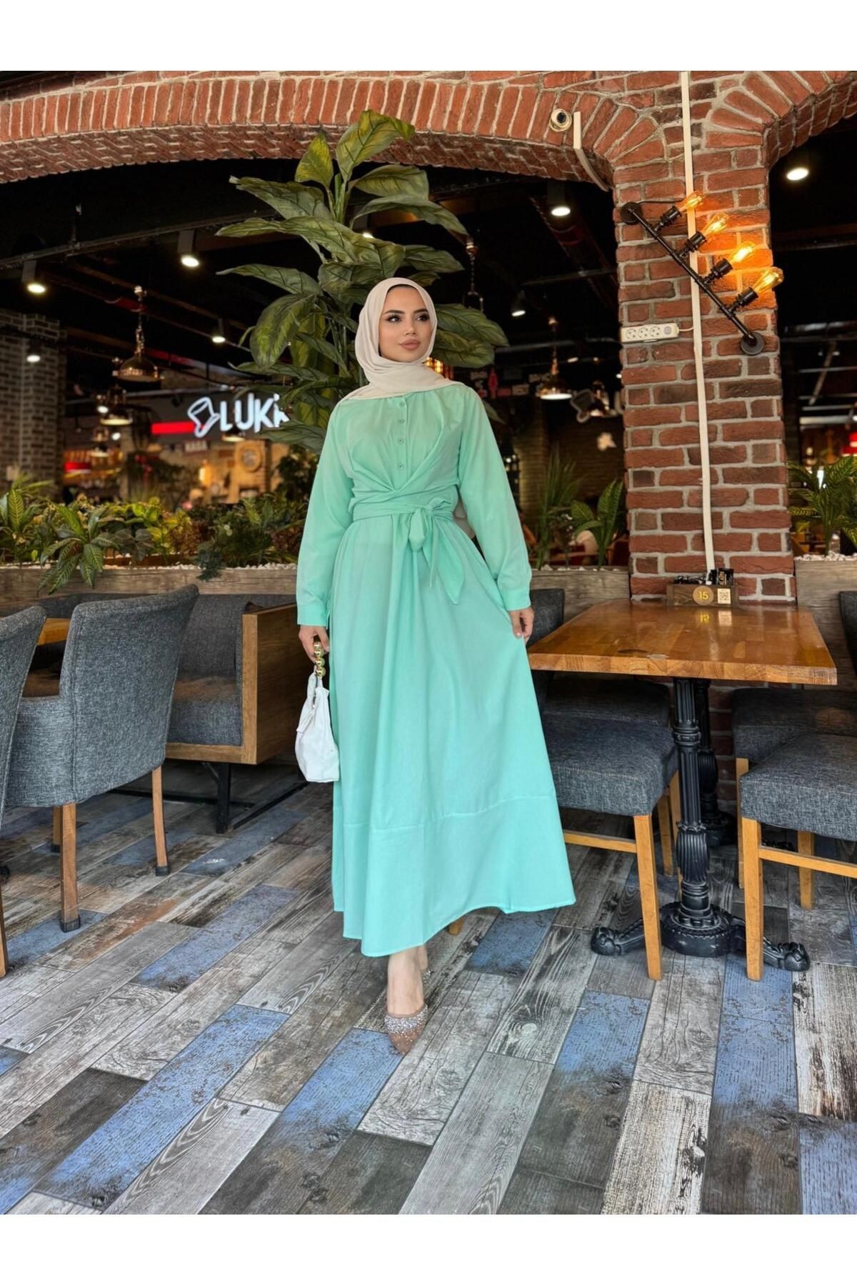 BEL KUŞAKLI POPLİN YAZLIK ELBİSE