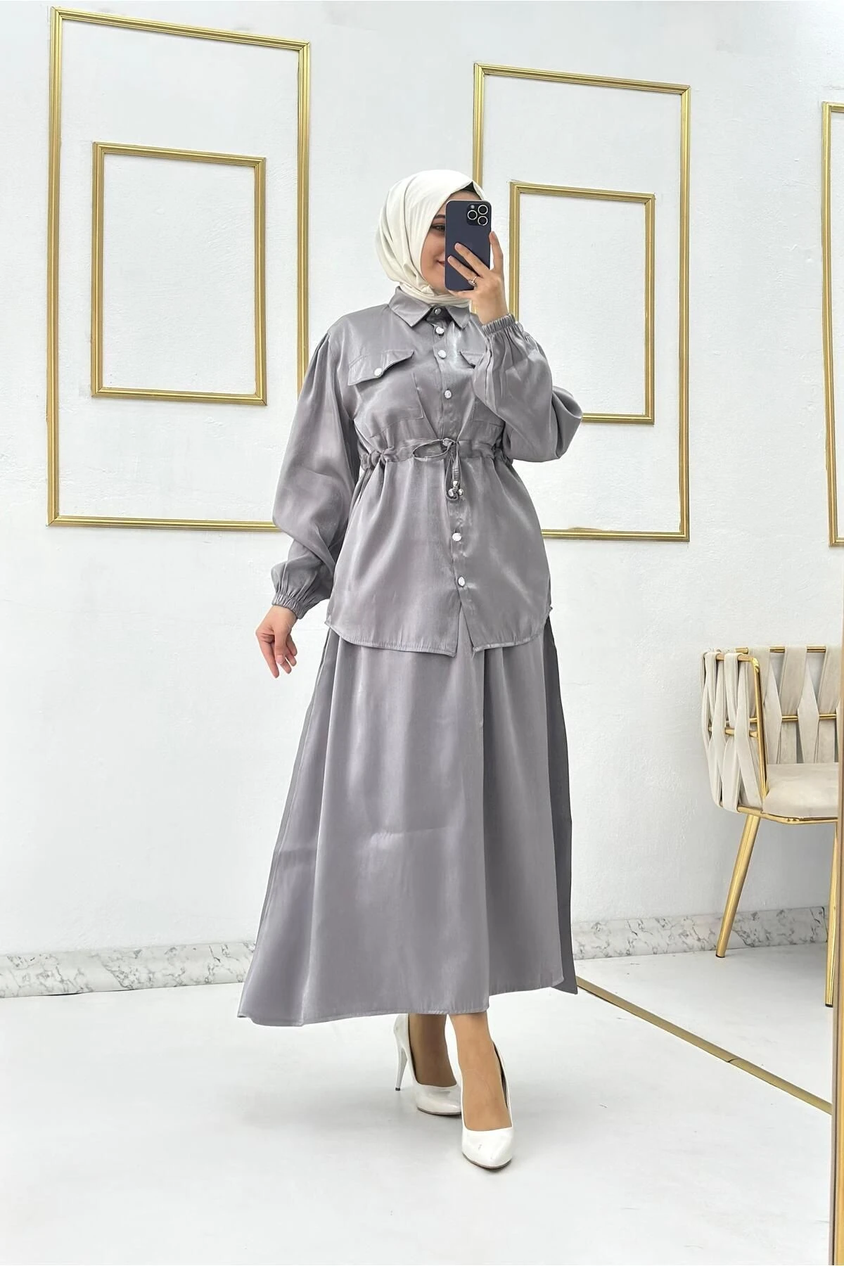 SATEN KUMAŞ CEPLİ ETEKLİ TAKIM