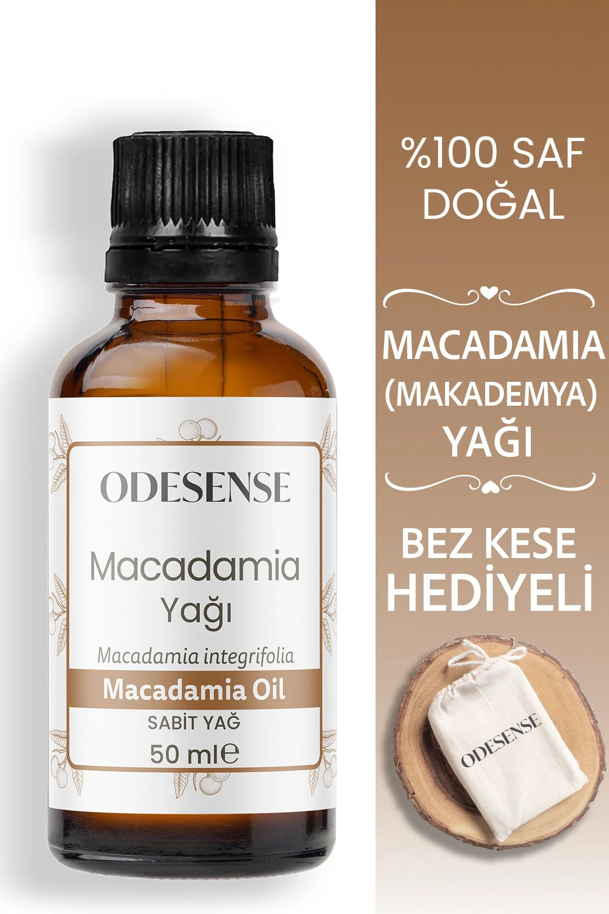 Macadamia Makademya Yağı 50 ml Soğuk Sıkım %100 Doğal Saf Cilt Ve Saç Bakım Yağı Bez Kese Hediyeli