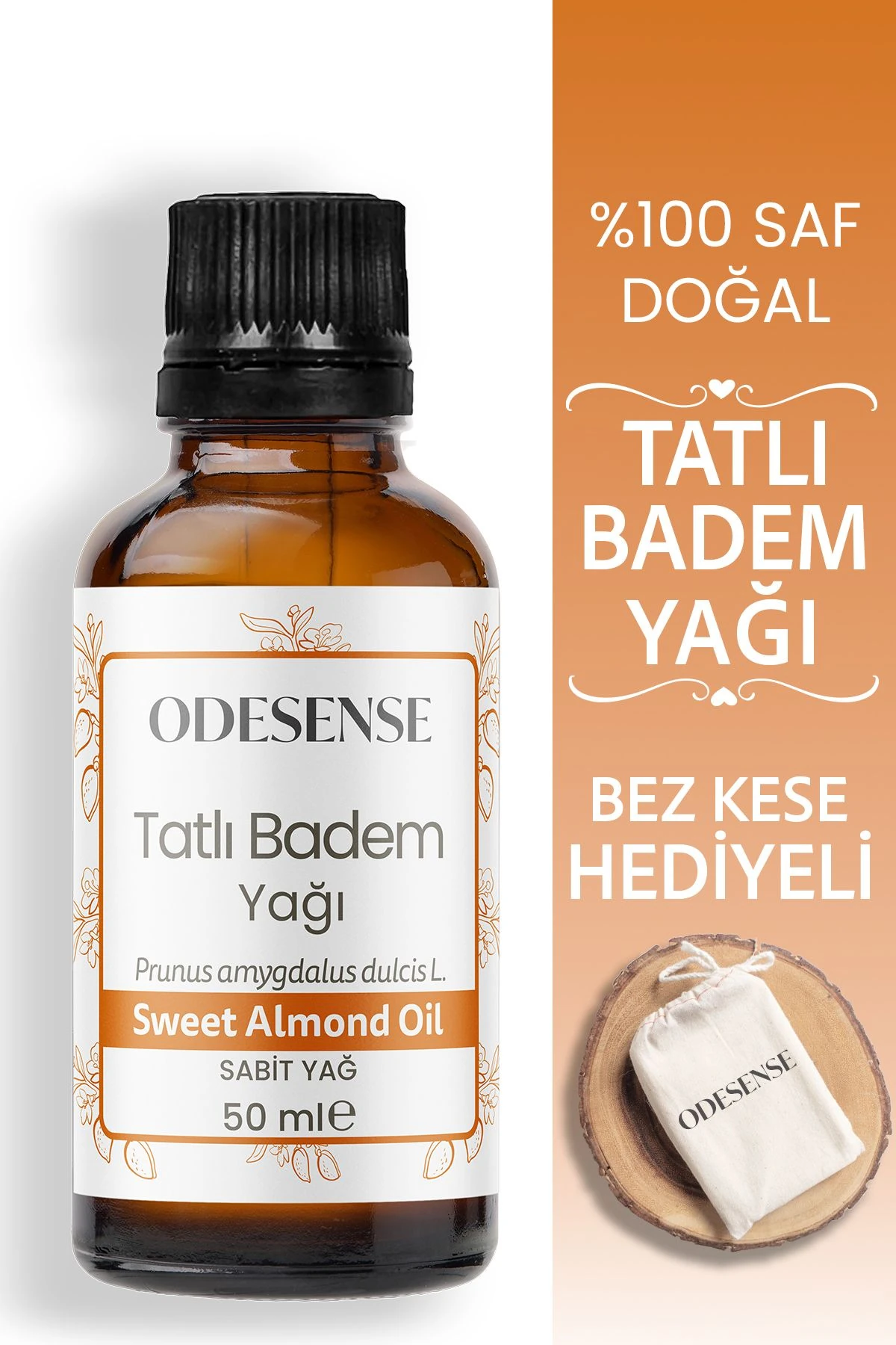 Tatlı Badem Yağı 50 ml Soğuk Sıkım %100 Doğal Saf Kaş Kirpik Cilt Saç Bakım Yağı Bez Kese Hediyeli