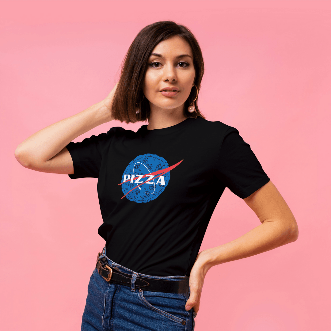 Pizza yazılı nasa logosu baskı tshirt byanatoli
