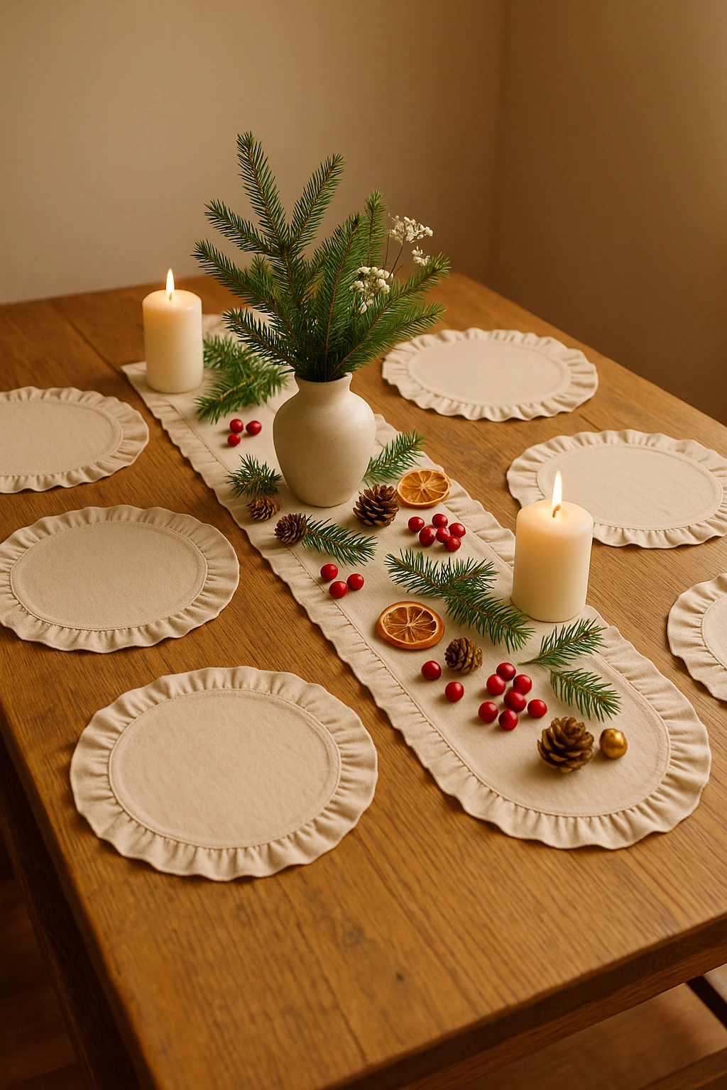 Eko | 7 Parça Sofra Sunum Seti - 1 adet Fırfırlı Runner 40x110cm - 6 adet Fırfırlı Supla 38cm