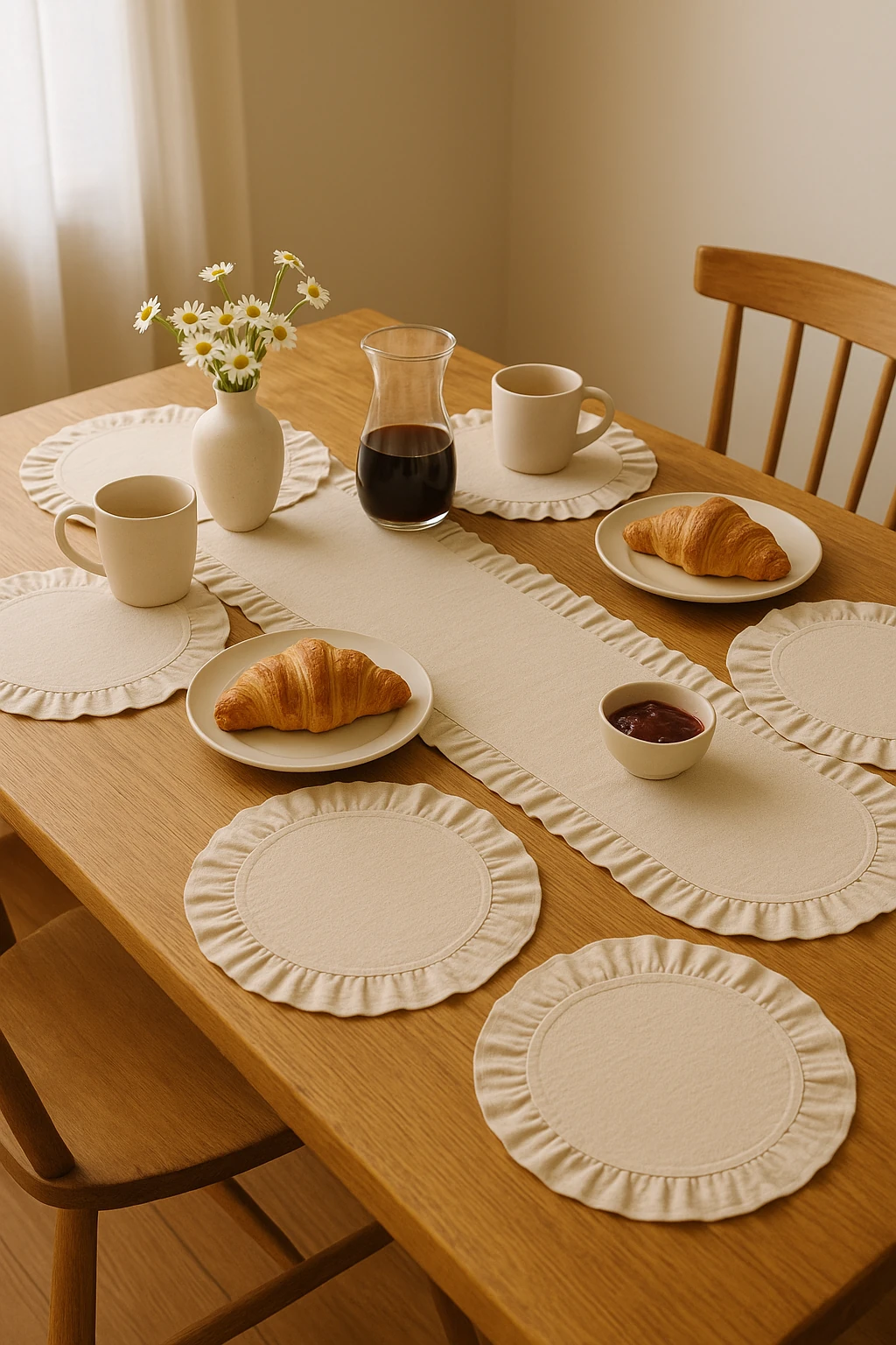 Eko | 7 Parça Sofra Sunum Seti - 1 adet Fırfırlı Runner 40x110cm - 6 adet Fırfırlı Supla 38cm