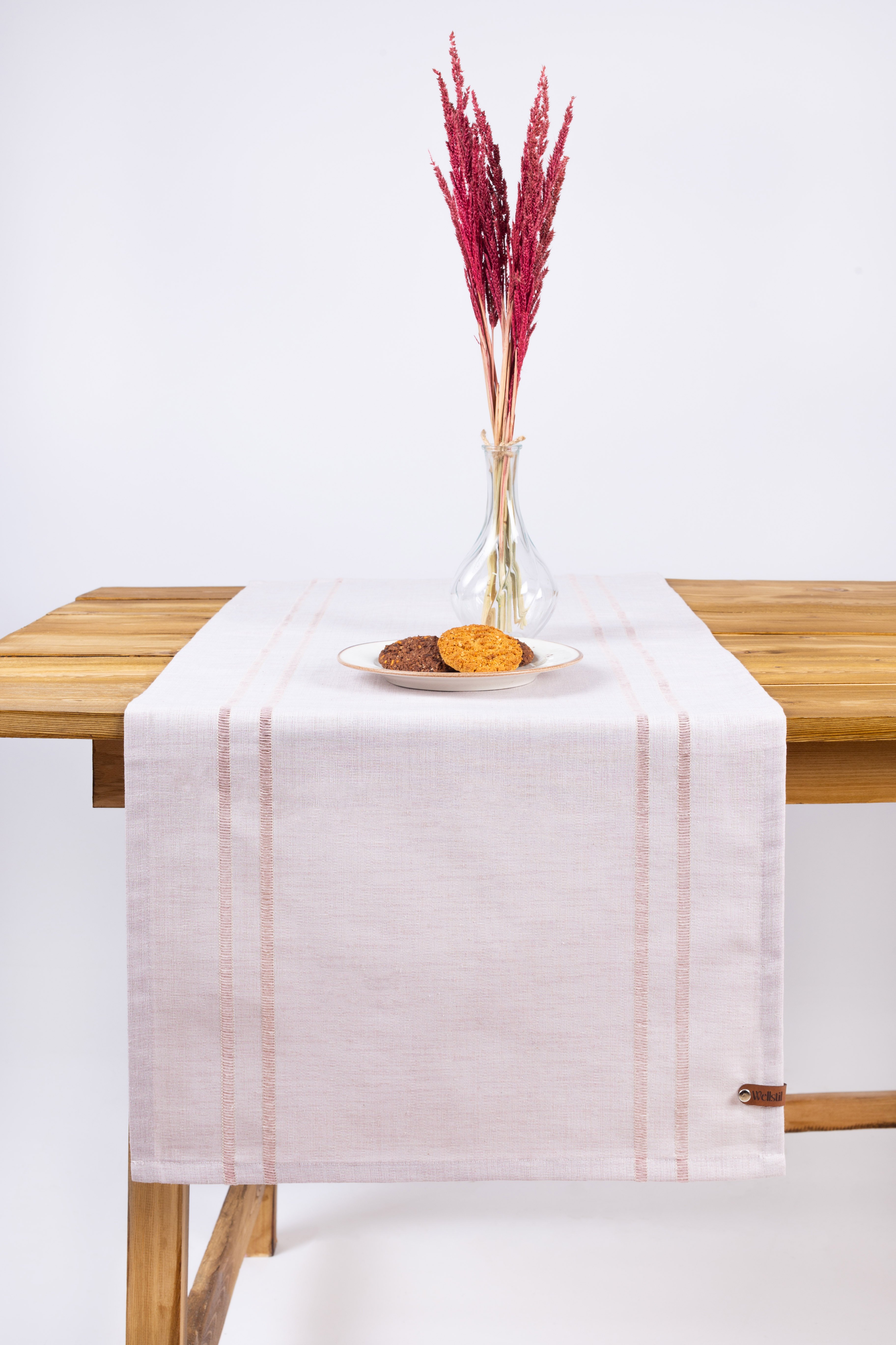 Koza | %100 Keten Çizgili Runner 40 X 110 Cm - Pembe