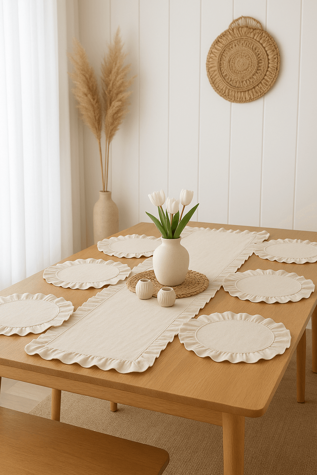 Rufle | 7 Parça 6 Kişilik Sofra Seti, 1 adet Runner 40 x 110 cm- 6 adet Amerikan Servisi 40 cm