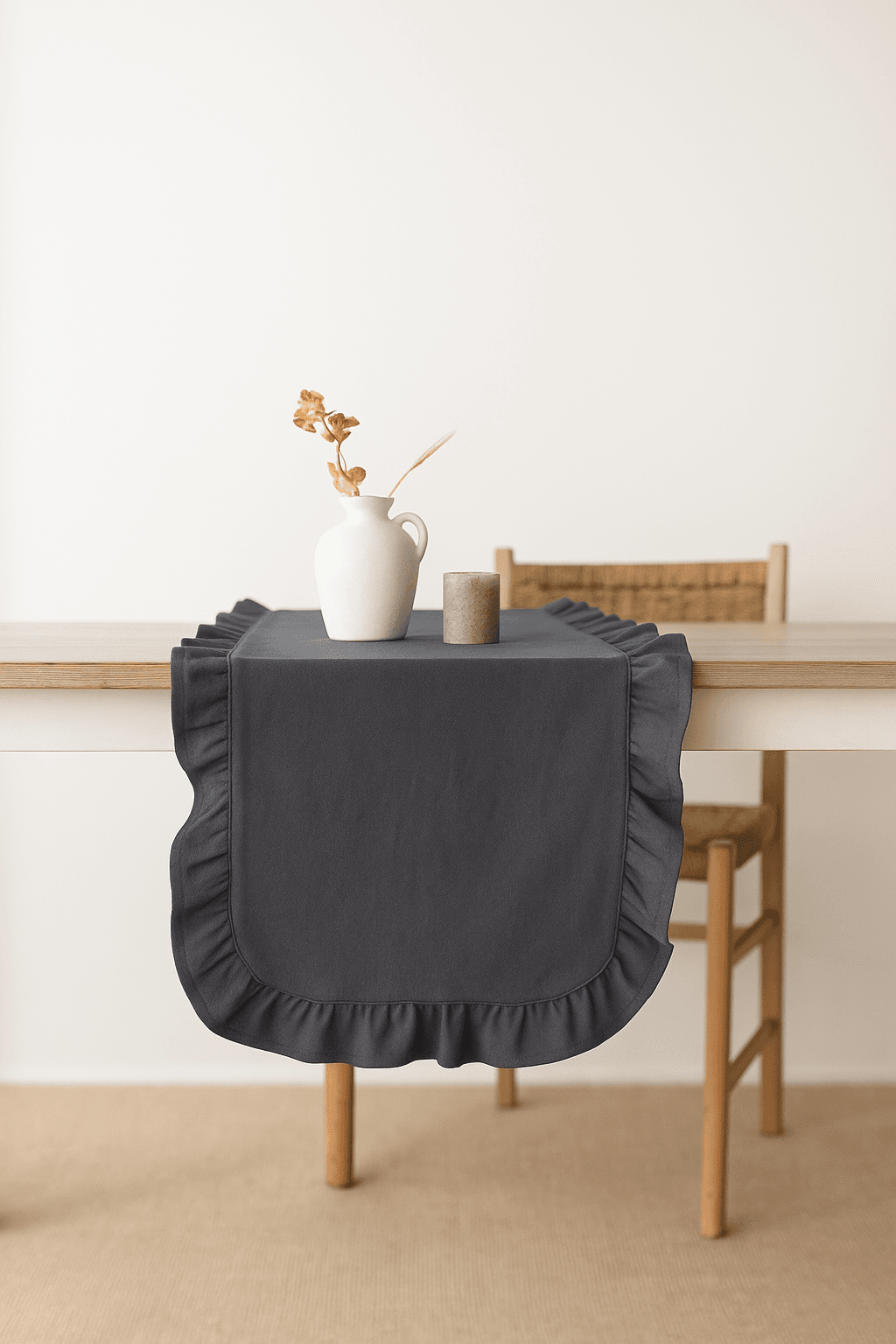Rufle | Fırfırlı Keten Runner 40 x 110 Cm - Gri