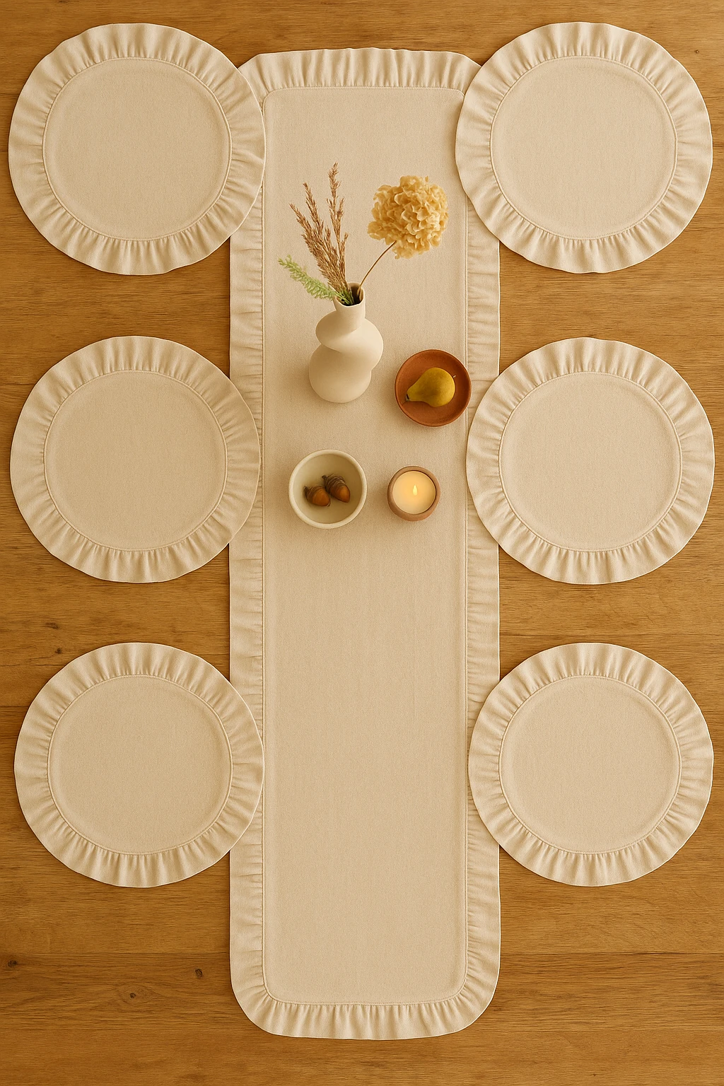 Eko | 7 Parça Sofra Sunum Seti - 1 adet Fırfırlı Runner 40x110cm - 6 adet Fırfırlı Supla 38cm