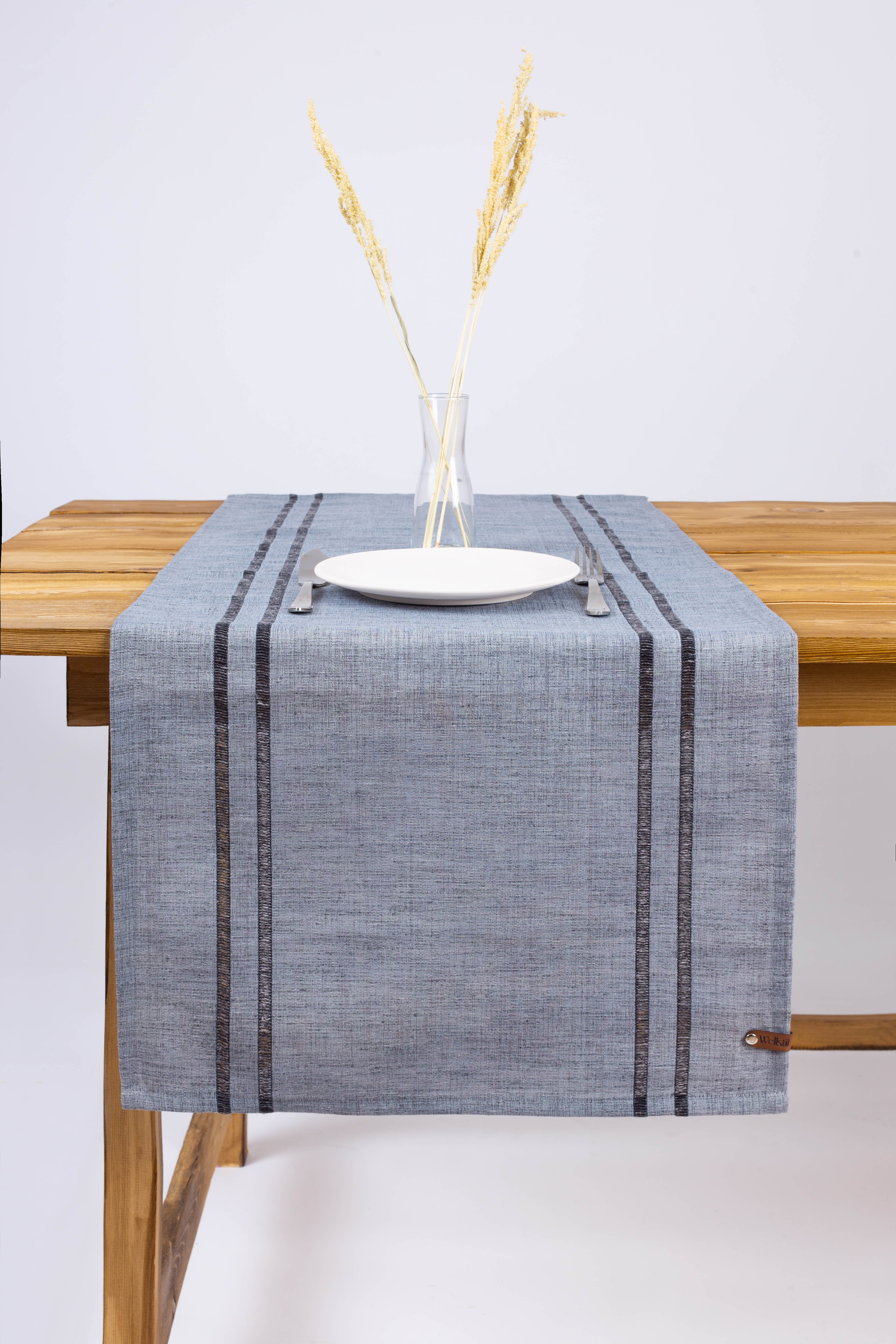 Koza | %100 Keten Çizgili Runner 40 X 110 Cm - Siyah