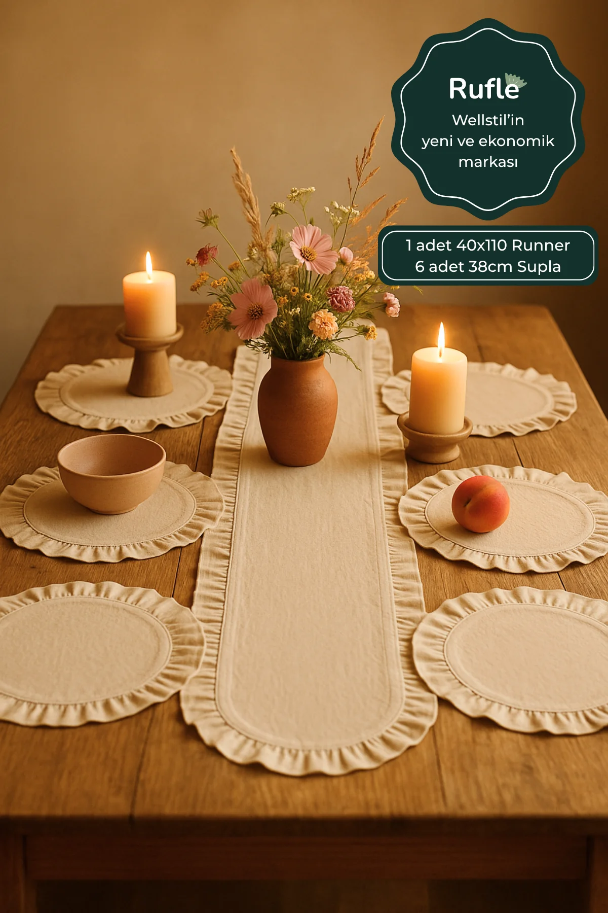 Eko | 7 Parça Sofra Sunum Seti - 1 adet Fırfırlı Runner 40x110cm - 6 adet Fırfırlı Supla 38cm