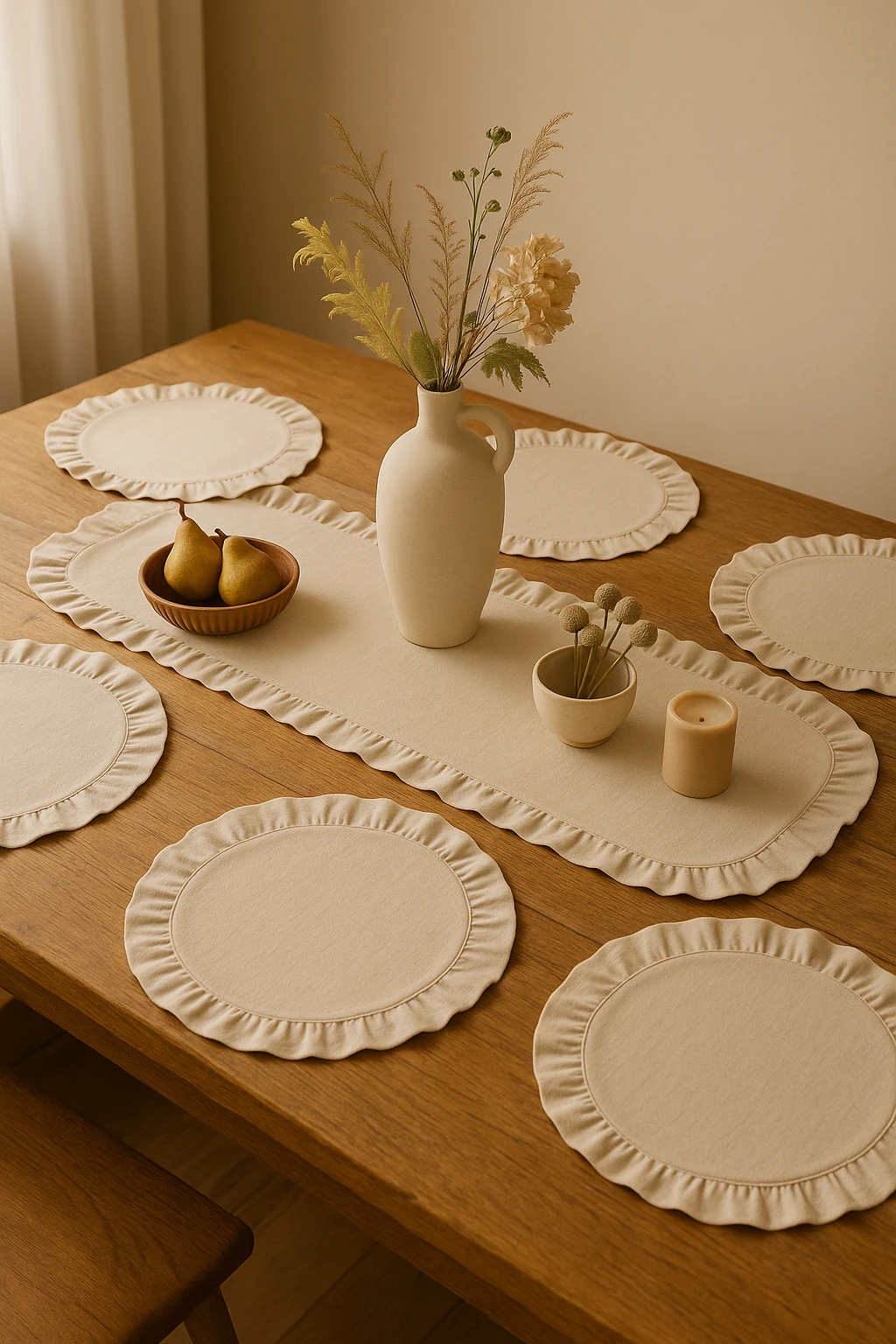 Eko | 7 Parça Sofra Sunum Seti - 1 adet Fırfırlı Runner 40x110cm - 6 adet Fırfırlı Supla 38cm