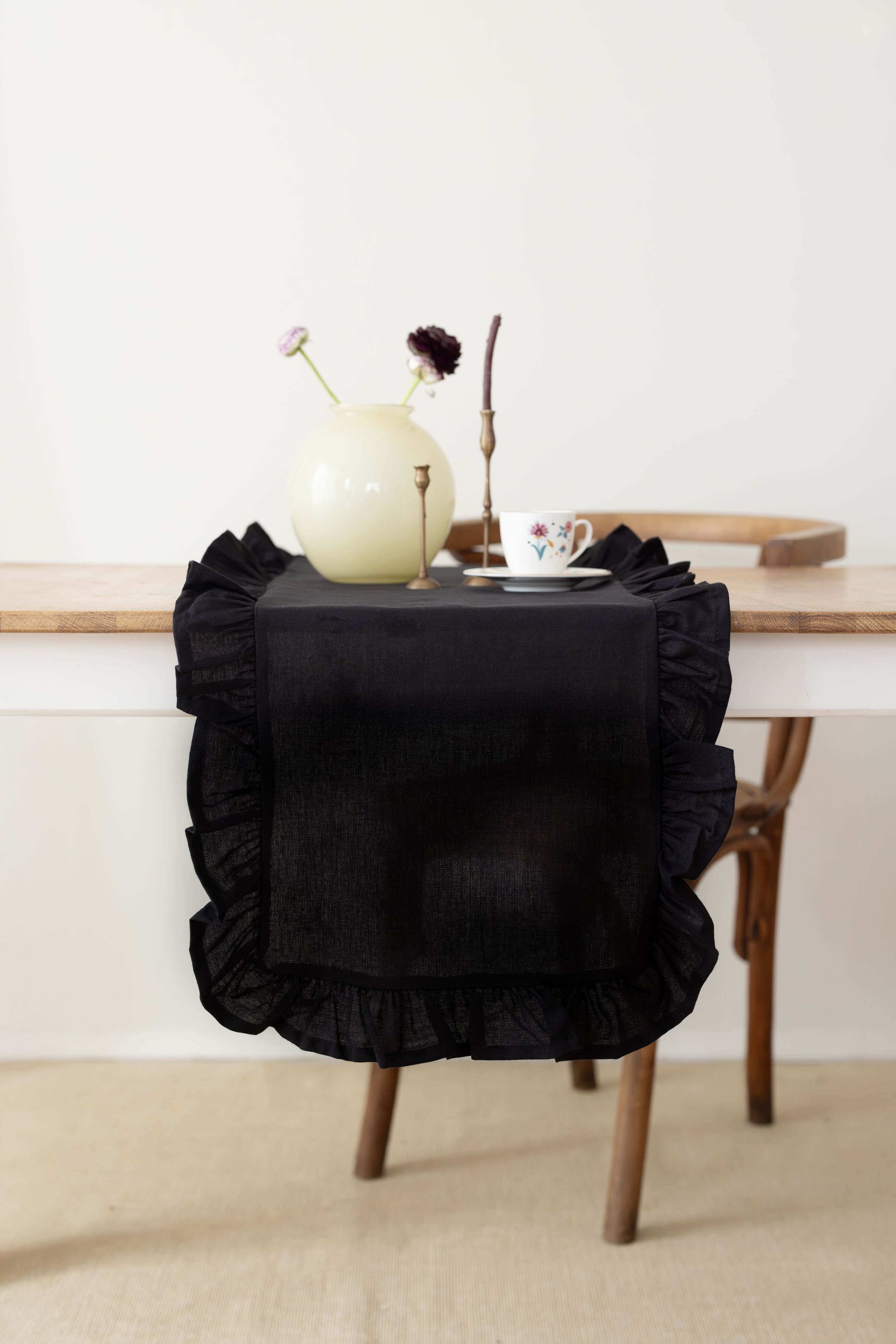 Rufle | Fırfırlı Keten Runner 40 x 110 Cm - Siyah