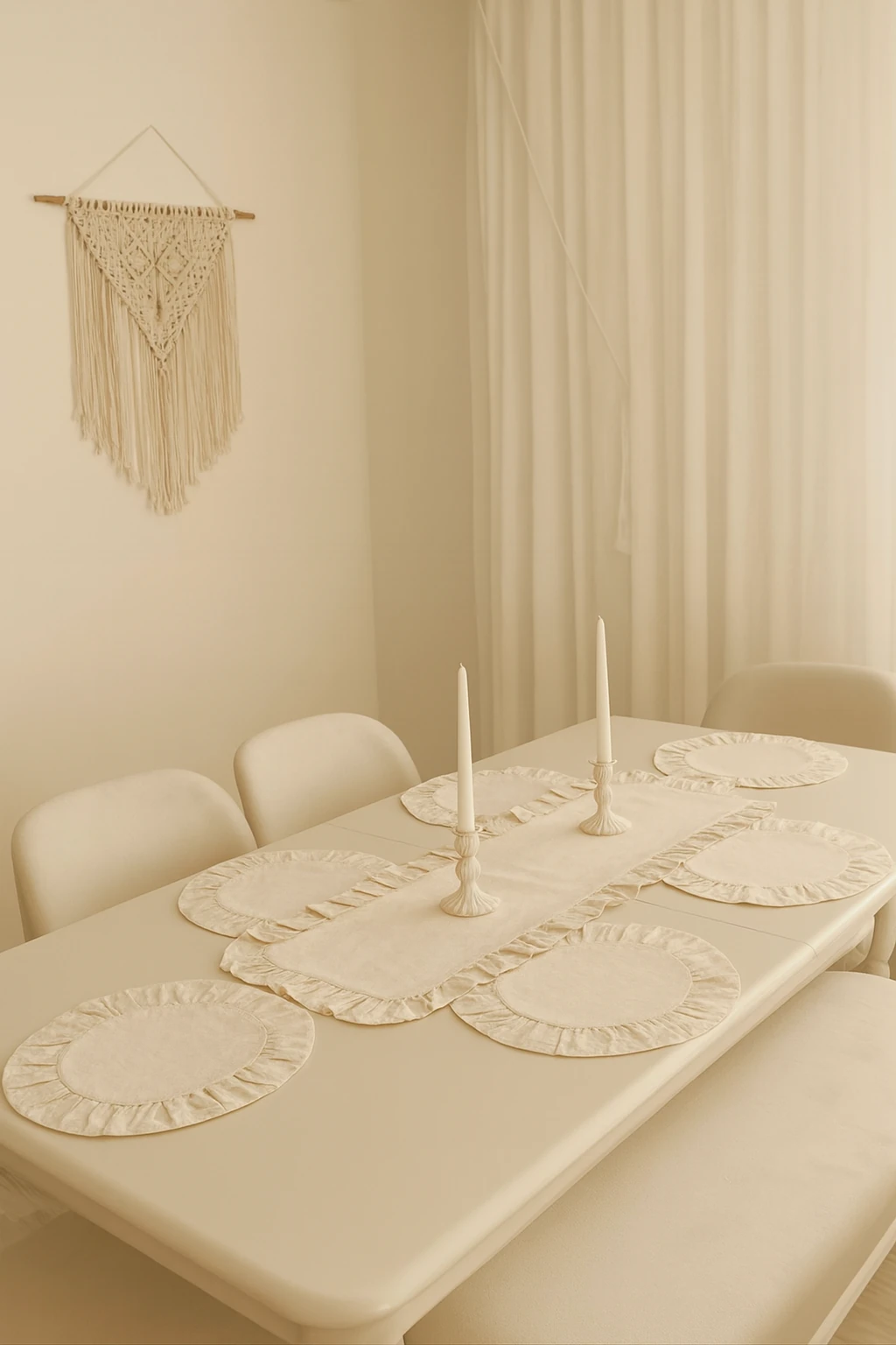 Eko | 7 Parça Sofra Sunum Seti - 1 adet Fırfırlı Runner 40x110cm - 6 adet Fırfırlı Supla 38cm