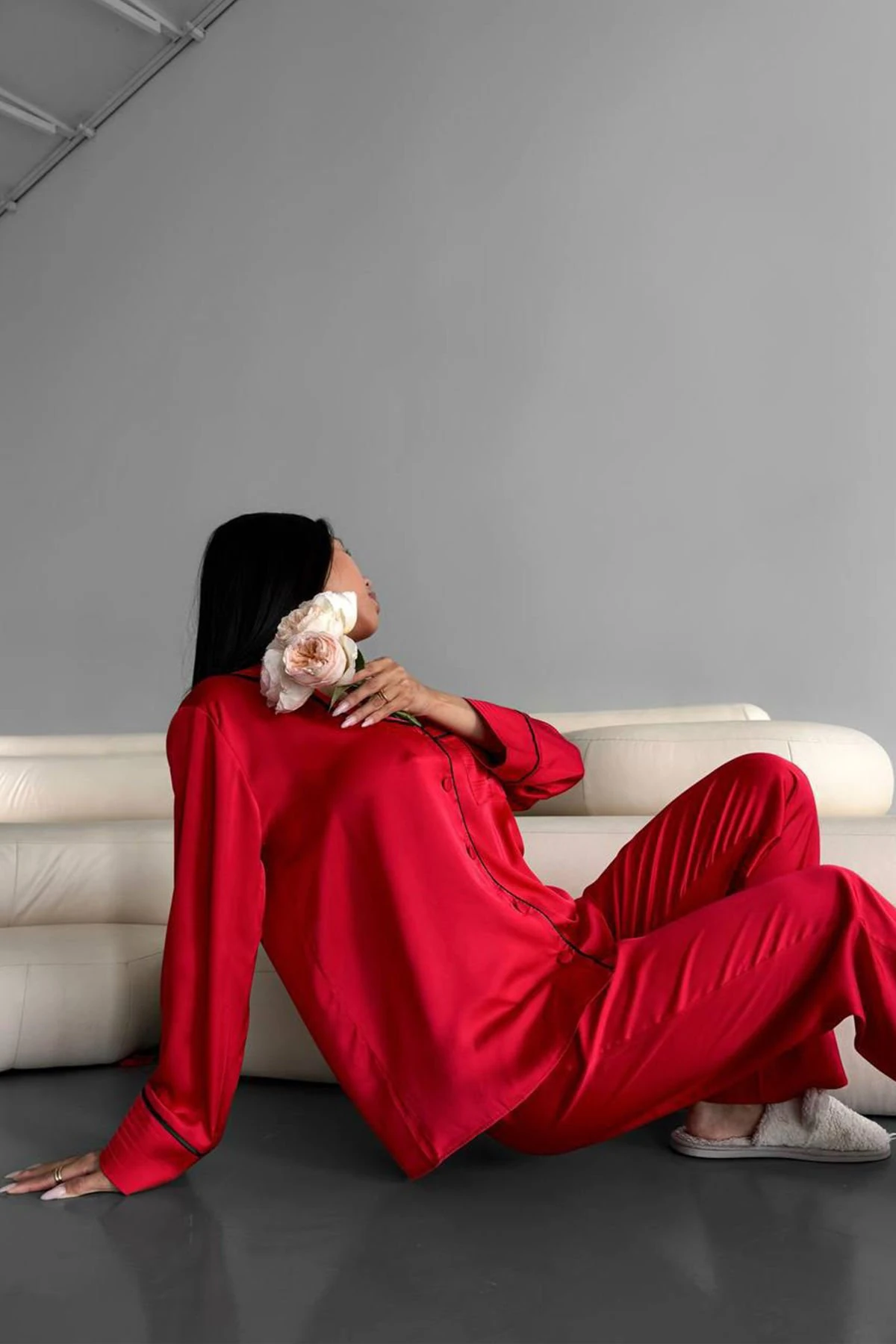 Muah Love Kırmızı Düz Uzun Saten Pi̇jama