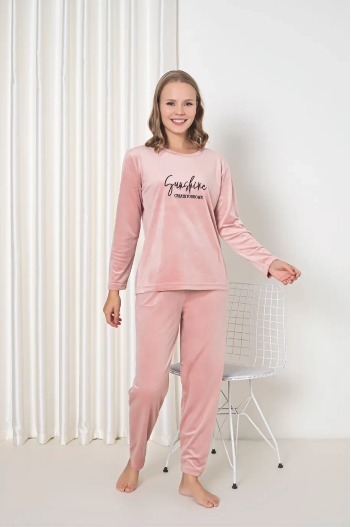 Elit Lüx Kadife Kadın Pijama Takım Pudra