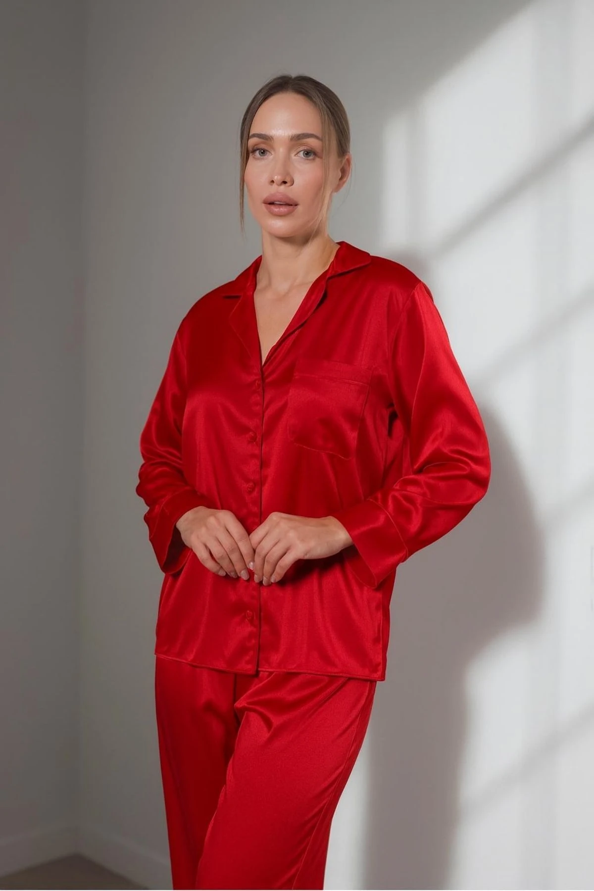 Muah Kırmızı Saten İkili Pijama Takımı