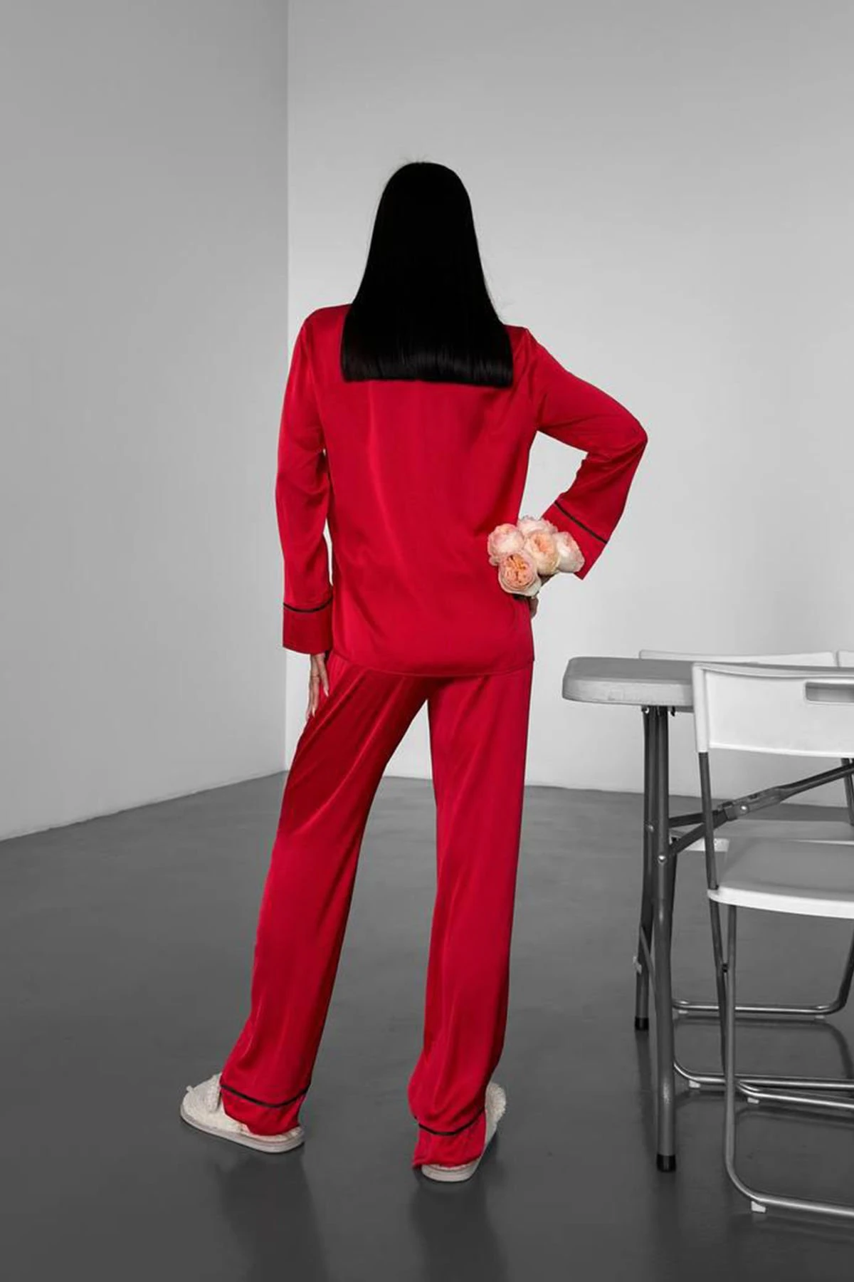 Muah Love Kırmızı Düz Uzun Saten Pi̇jama