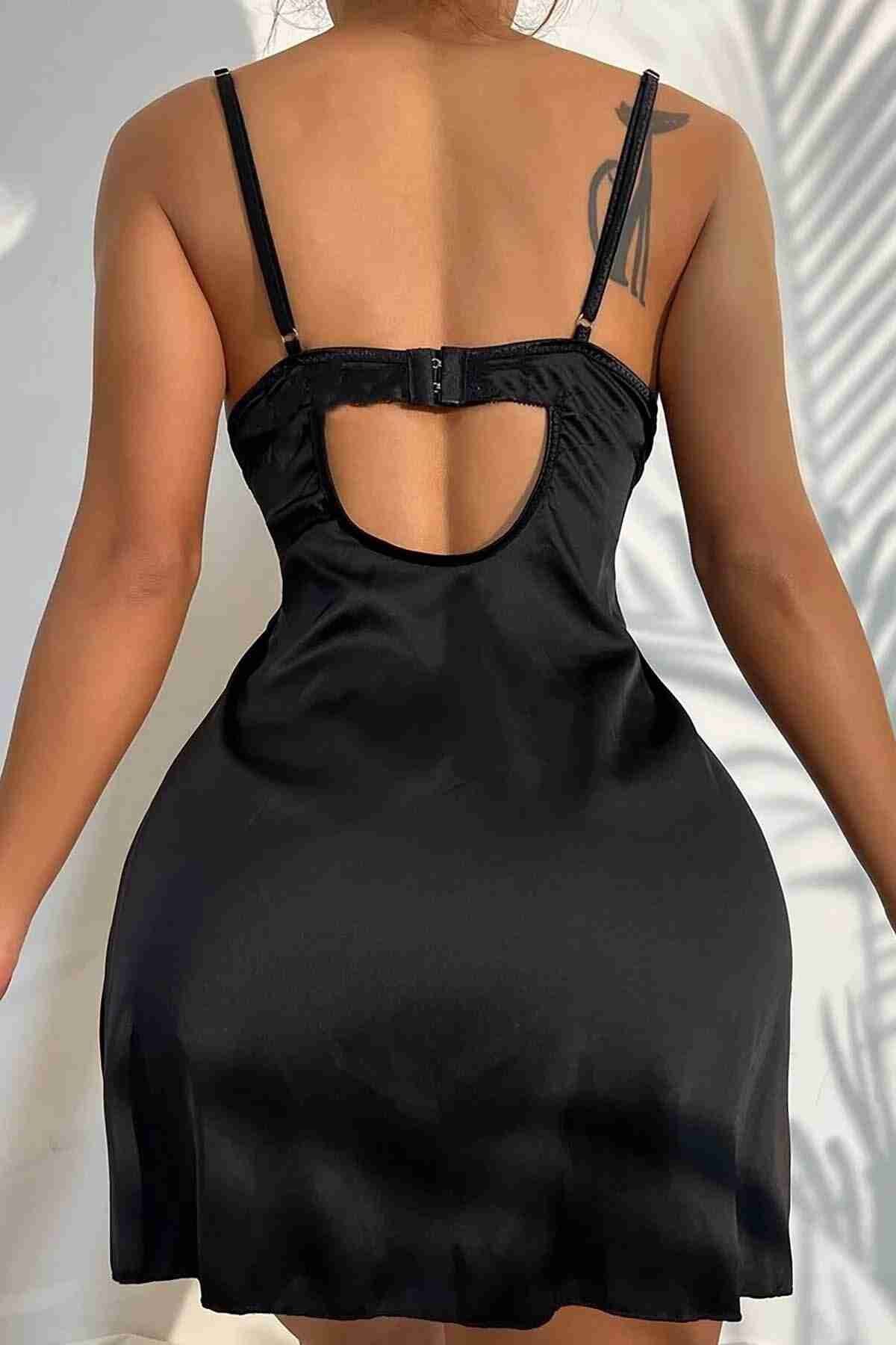 Muah Yanlardan Yırtmaçlı Kadın Gecelik Siyah