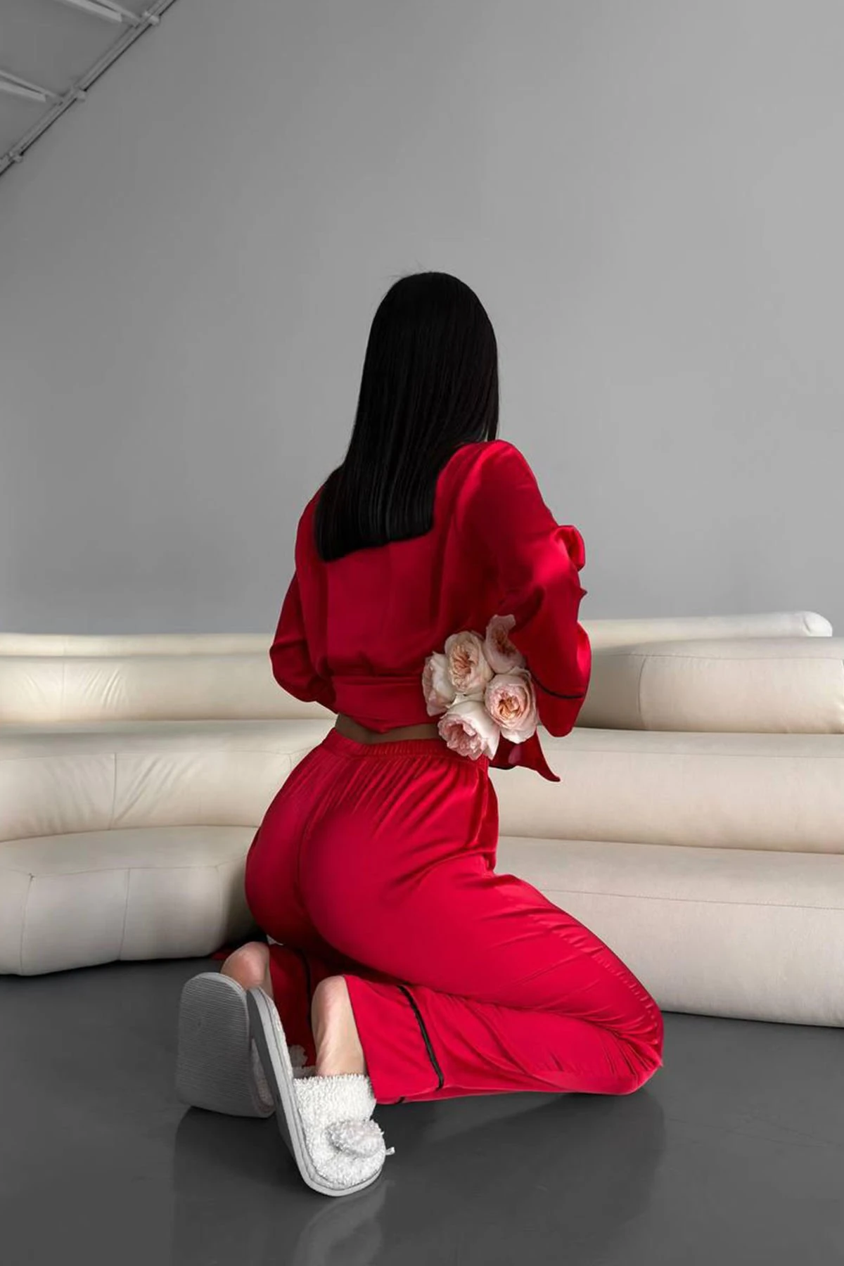 Muah Love Kırmızı Düz Uzun Saten Pi̇jama