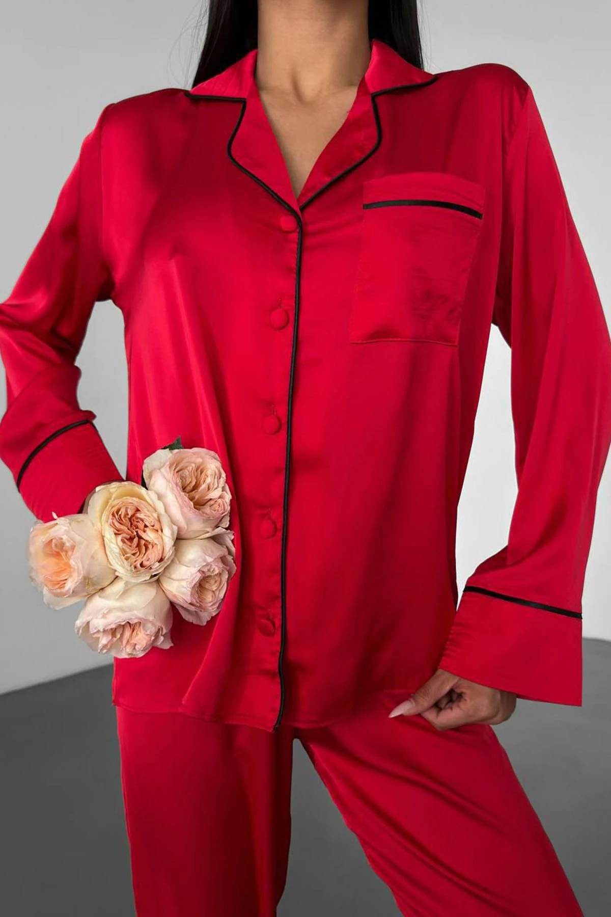 Muah Love Kırmızı Düz Uzun Saten Pi̇jama