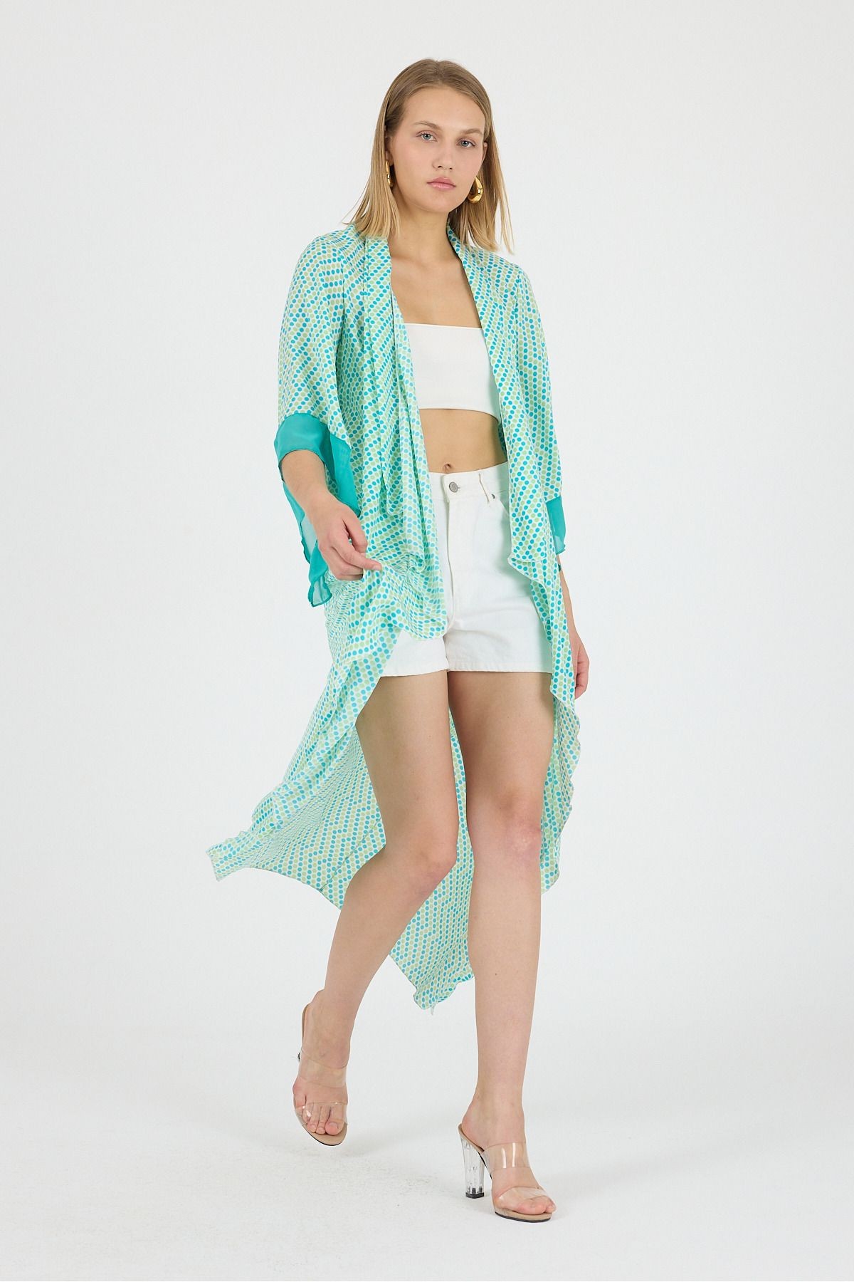 Puantyeli Şal Yaka Kol Ucu Saten Detay Volan Kol Şifon Maxi Kimono Kaftan Plaj Giyim 25L8115