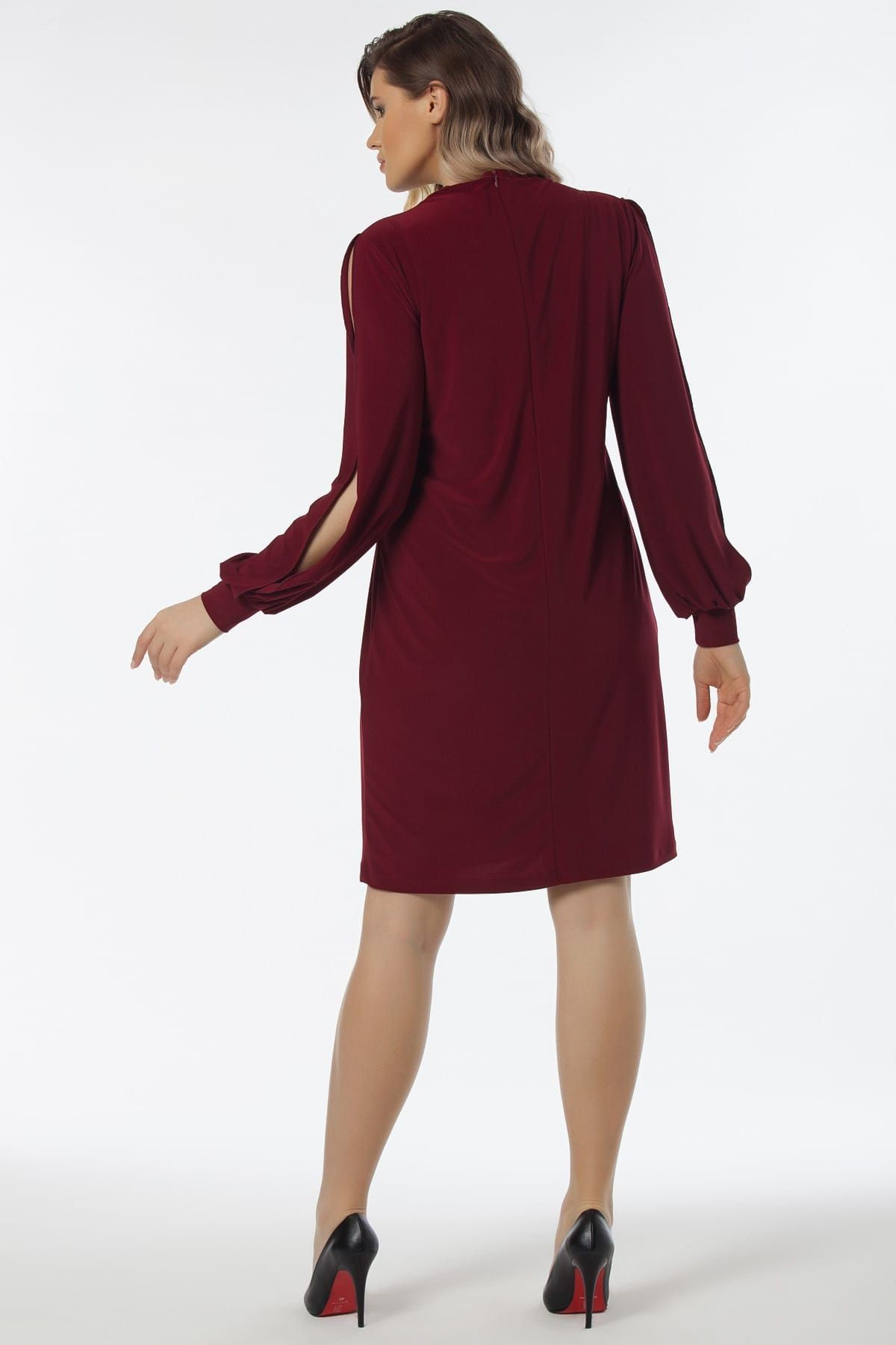 Kadın Bordo Kolda Yırtmaç Detatlı Elbise 19LB9131