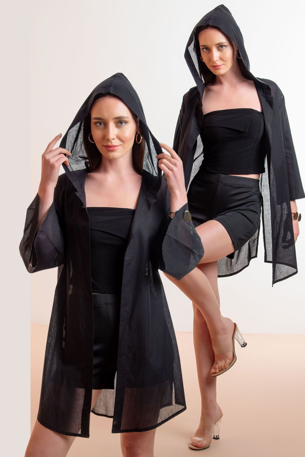 Kapişonlu Yırtmaç Detay Tasarım Çok Amaçlı Vual Hırka&MayoBikini Üstü&Kimono&Spor Giyim