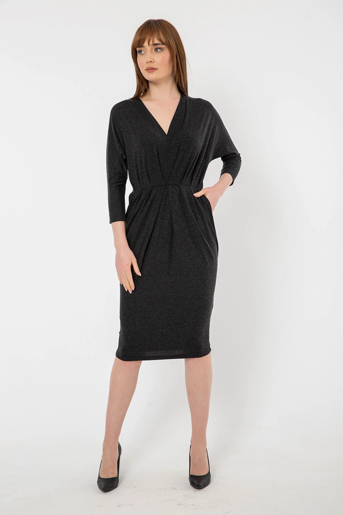 Antrasit Cepli Yarasa Kol Pileli Ince Mevsimlik Triko Elbise Gündüz Gece Şıklığı 22L7209