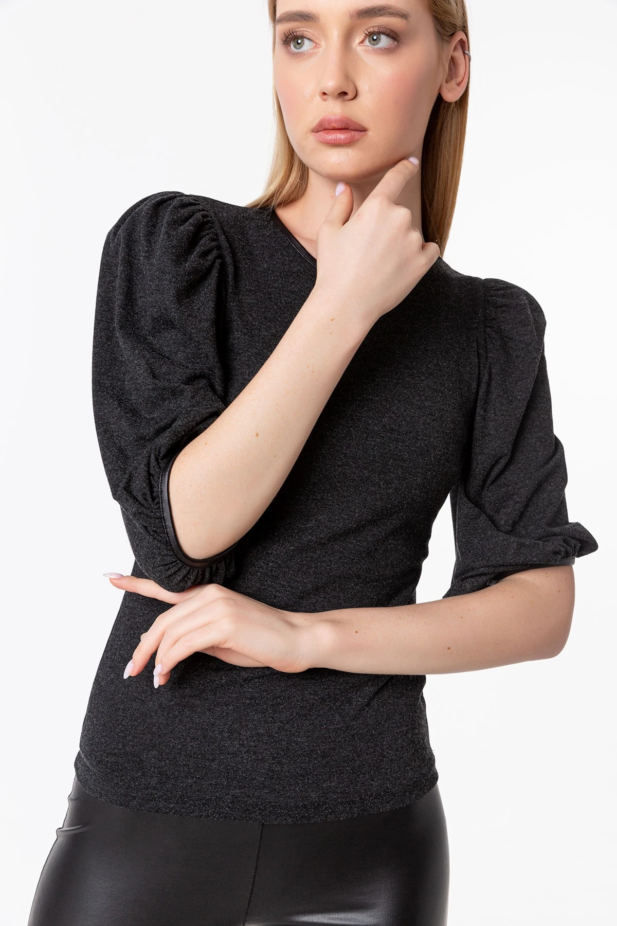 Antrasit Balon Kol Bisiklet Yaka Mevsimlik Triko Bluz Gündüz & Gece Şıklığı 21L7128