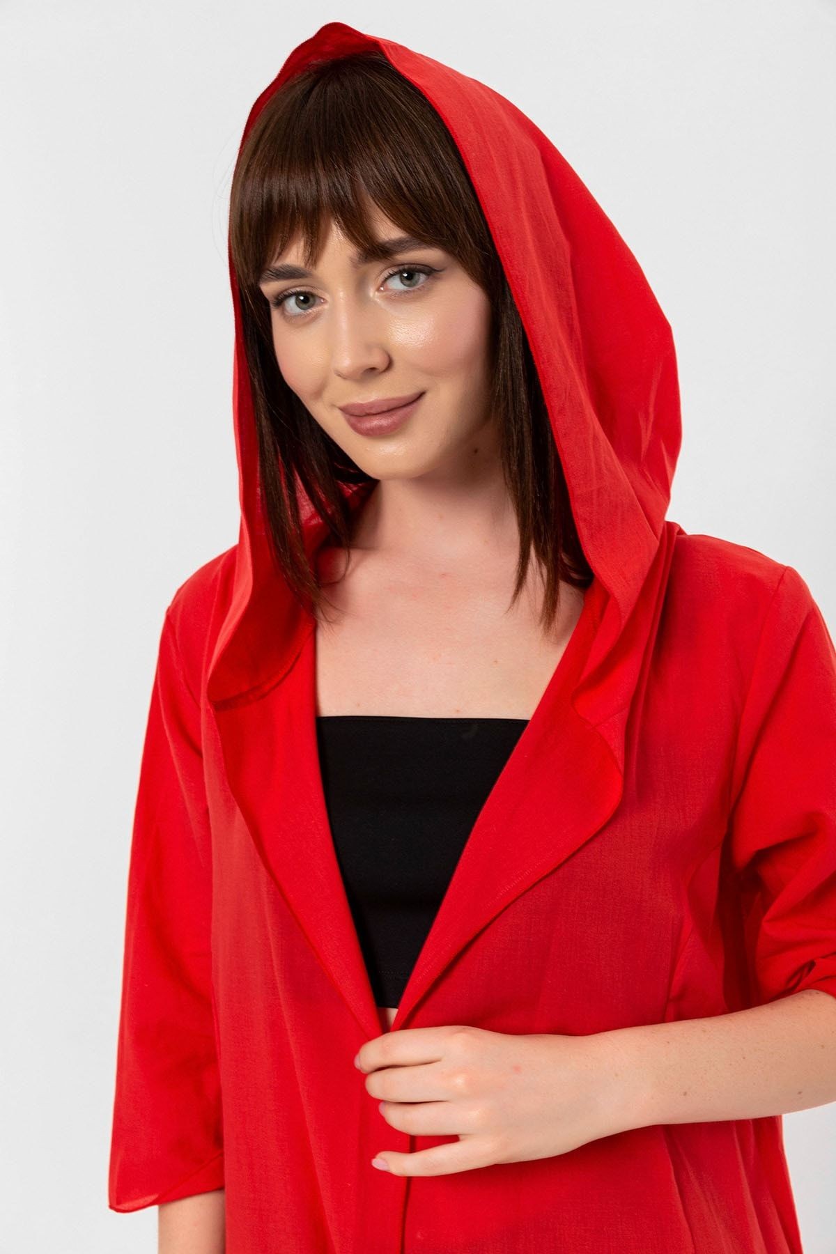 Kırmızı Kapüşonlu Yırtmaç Detaylı Vual Kimono&bikiniüstü