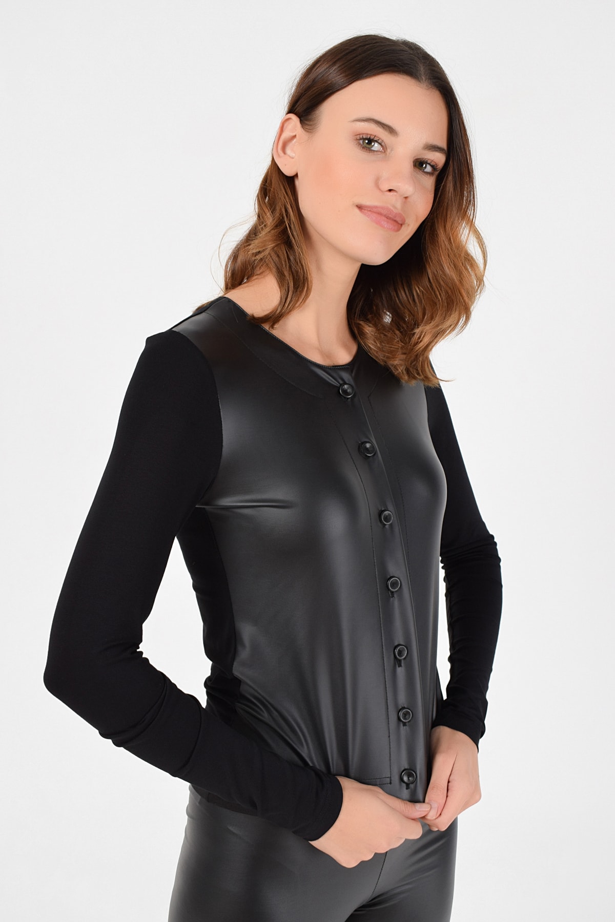 Kadın Siyah Deri Detay Blazer Hırka 19L6689