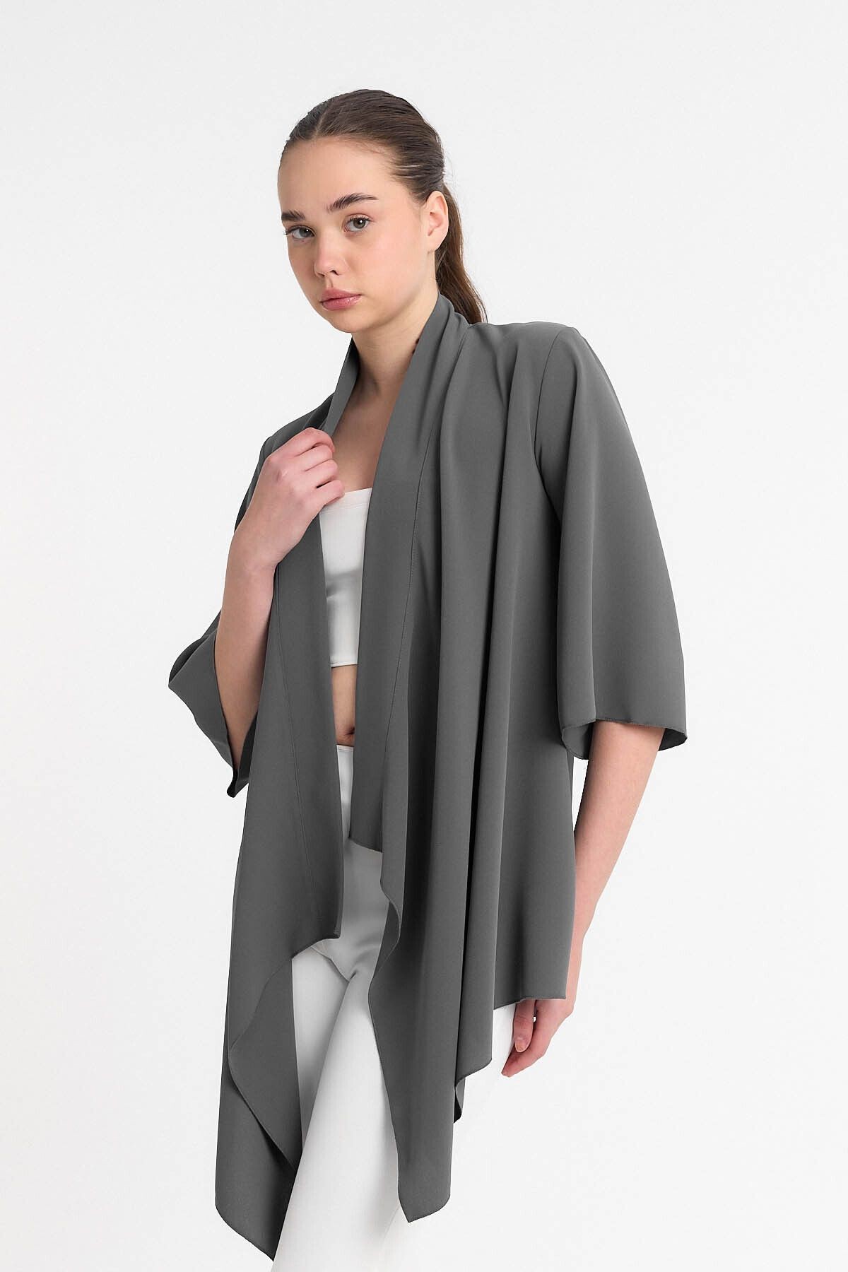 Gri Şal Yaka Truvakar Kol Kimono - Hırka- Plaj Giyim 25l8019