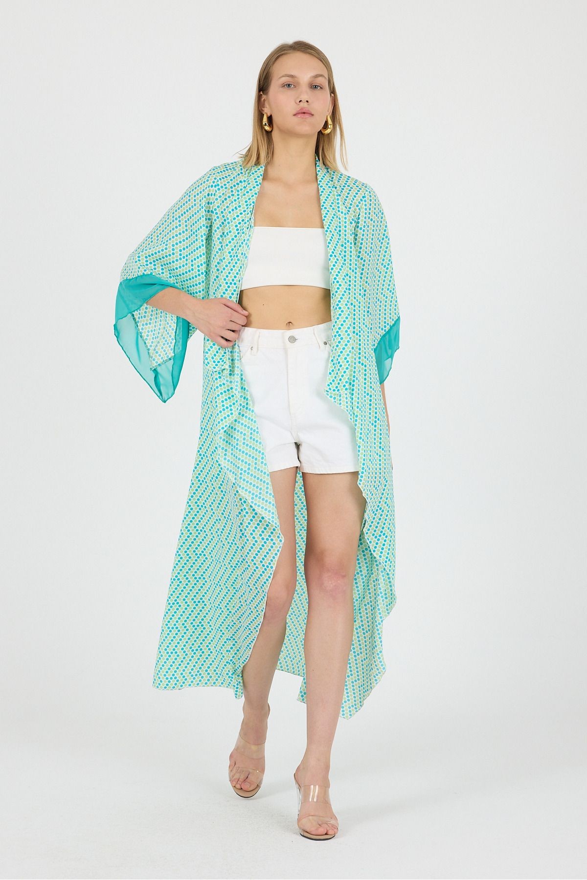Puantyeli Şal Yaka Kol Ucu Saten Detay Volan Kol Şifon Maxi Kimono Kaftan Plaj Giyim 25L8115