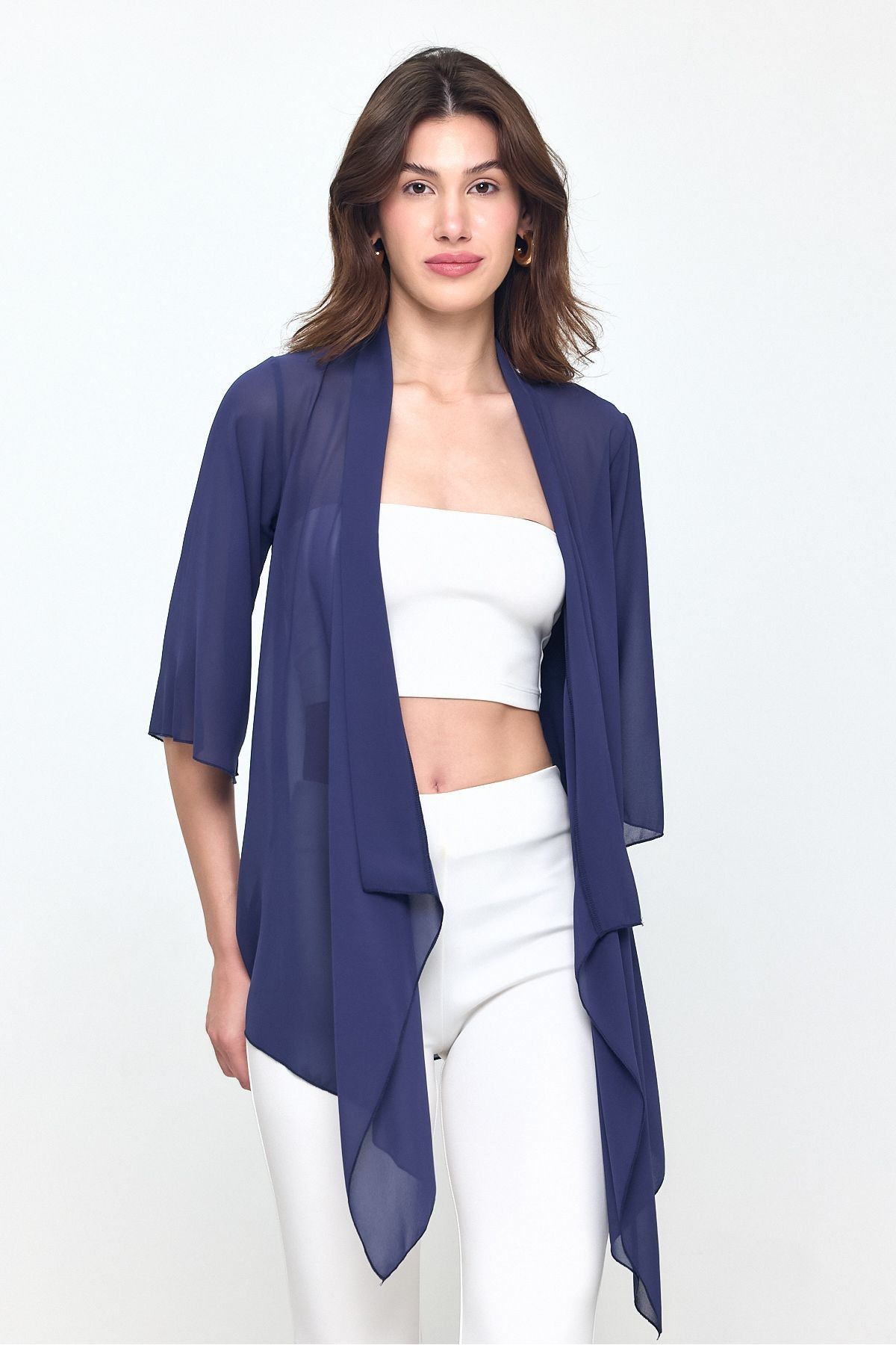 Lacivert Şal Yaka Truvakar Kol Şifon Kimono - Hırka- Plaj Giyim 25L8034