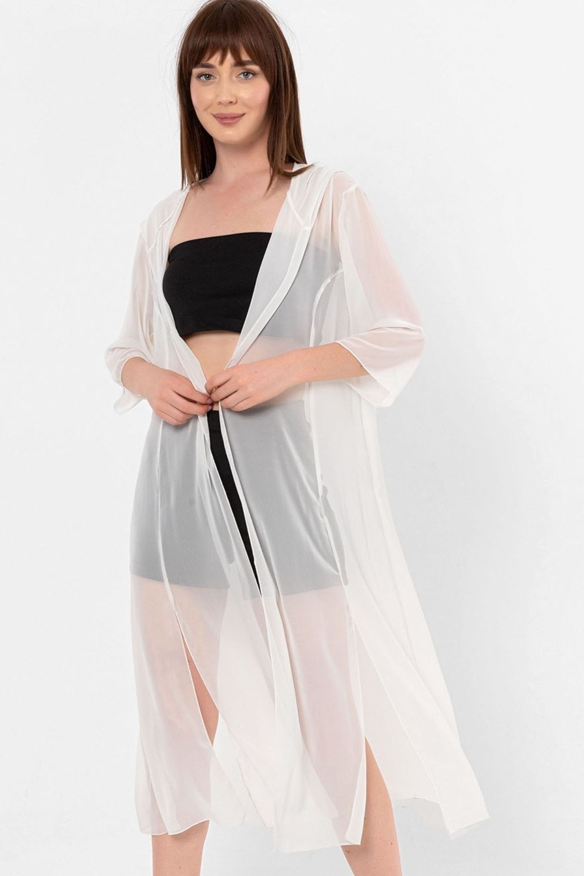 Ecru Kapüşonlu Yırtmaç Detaylı Şifon Kimono&bikiniüstü