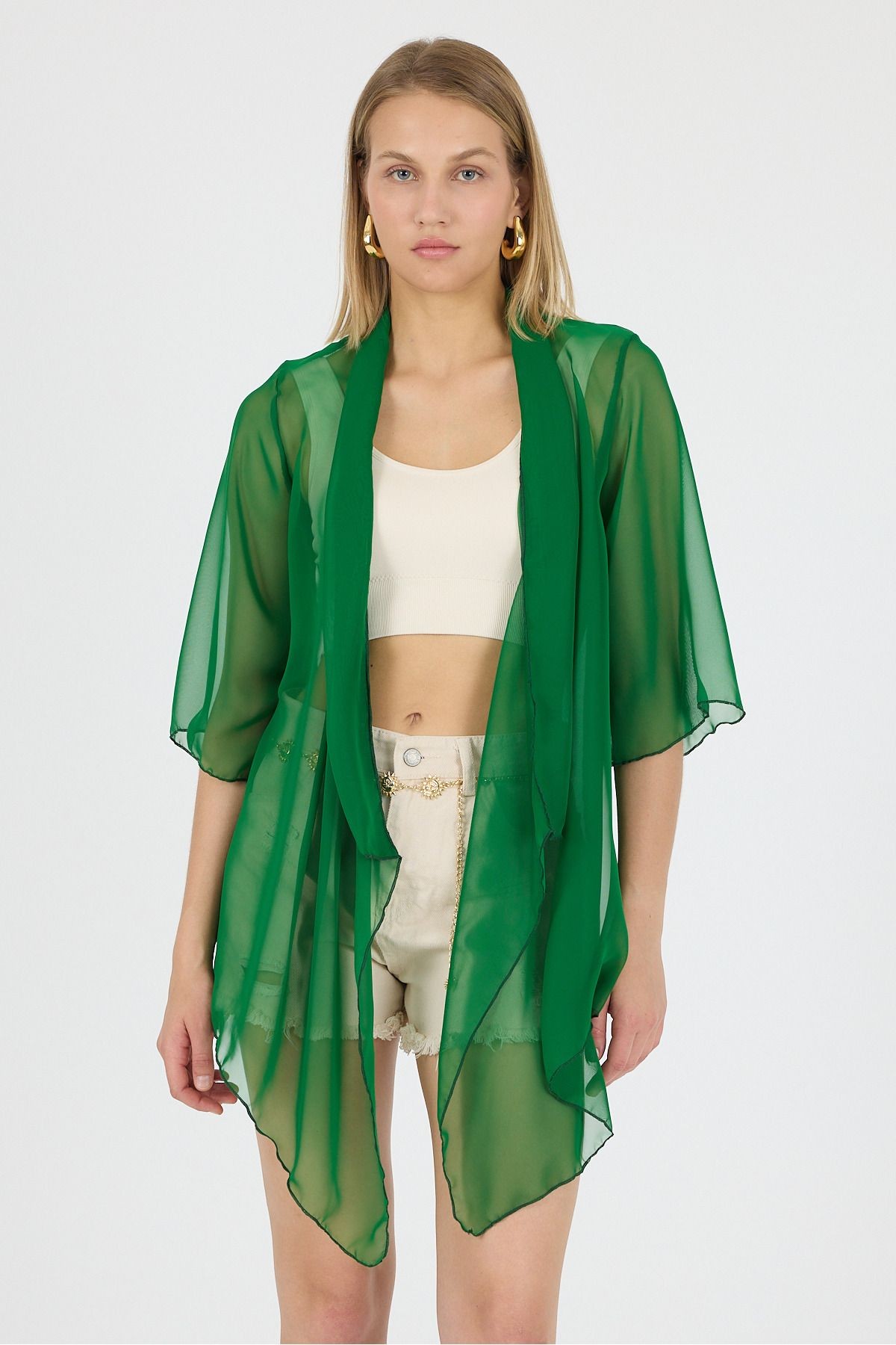 Koyu Yeşil Şal Yaka Volan Kol Şifon Kimono Kaftan Plaj Giyim 25L8101