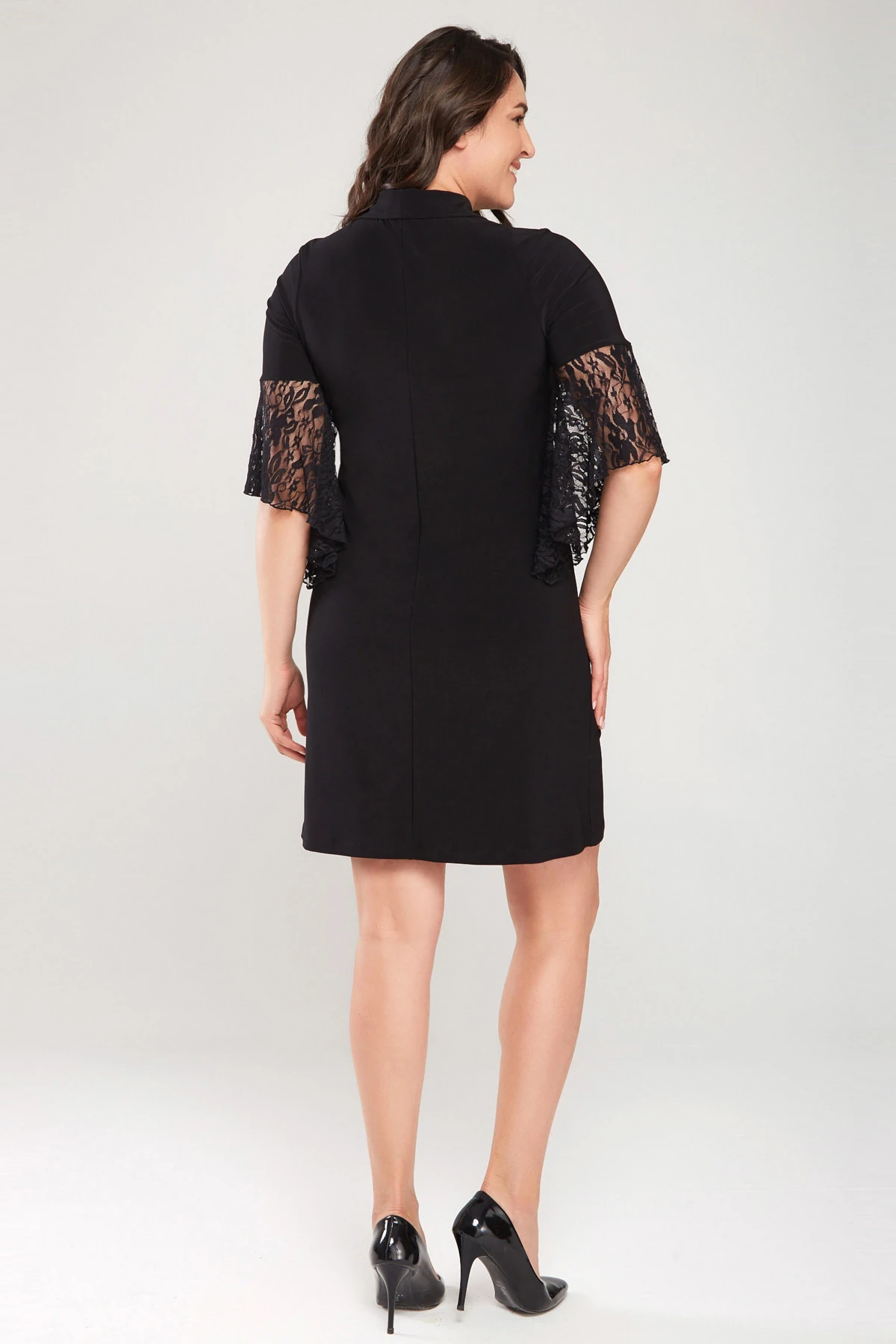 Kadın Siyah Kolu Dantel Detaylı Gömlek Yaka Elbise 17LB9084