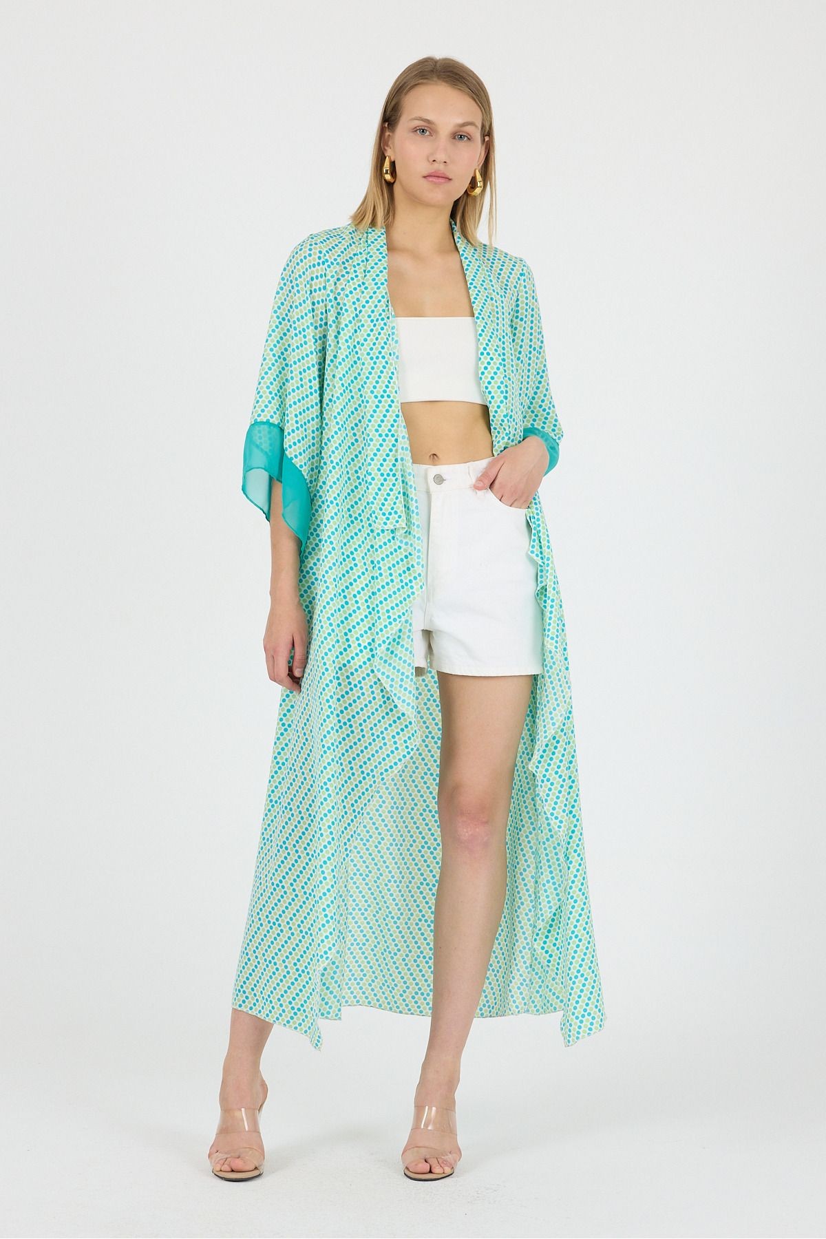 Puantyeli Şal Yaka Kol Ucu Saten Detay Volan Kol Şifon Maxi Kimono Kaftan Plaj Giyim 25L8115