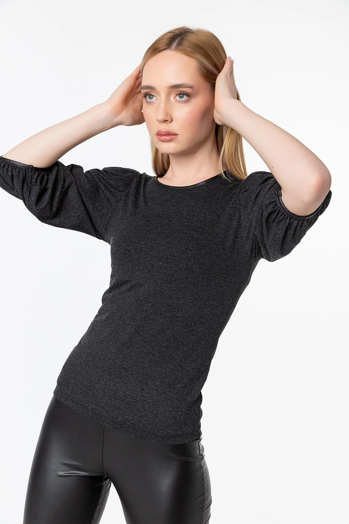 Antrasit Balon Kol Bisiklet Yaka Mevsimlik Triko Bluz Gündüz & Gece Şıklığı 21L7128