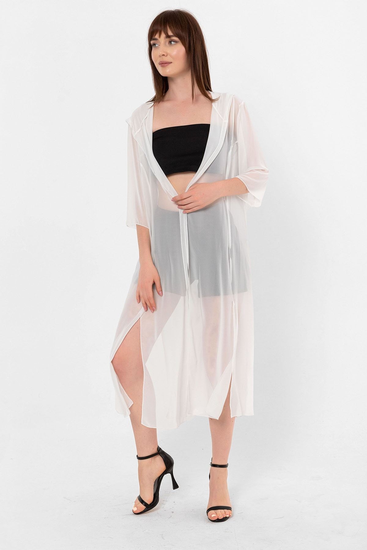 Ecru Kapüşonlu Yırtmaç Detaylı Şifon Kimono&bikiniüstü
