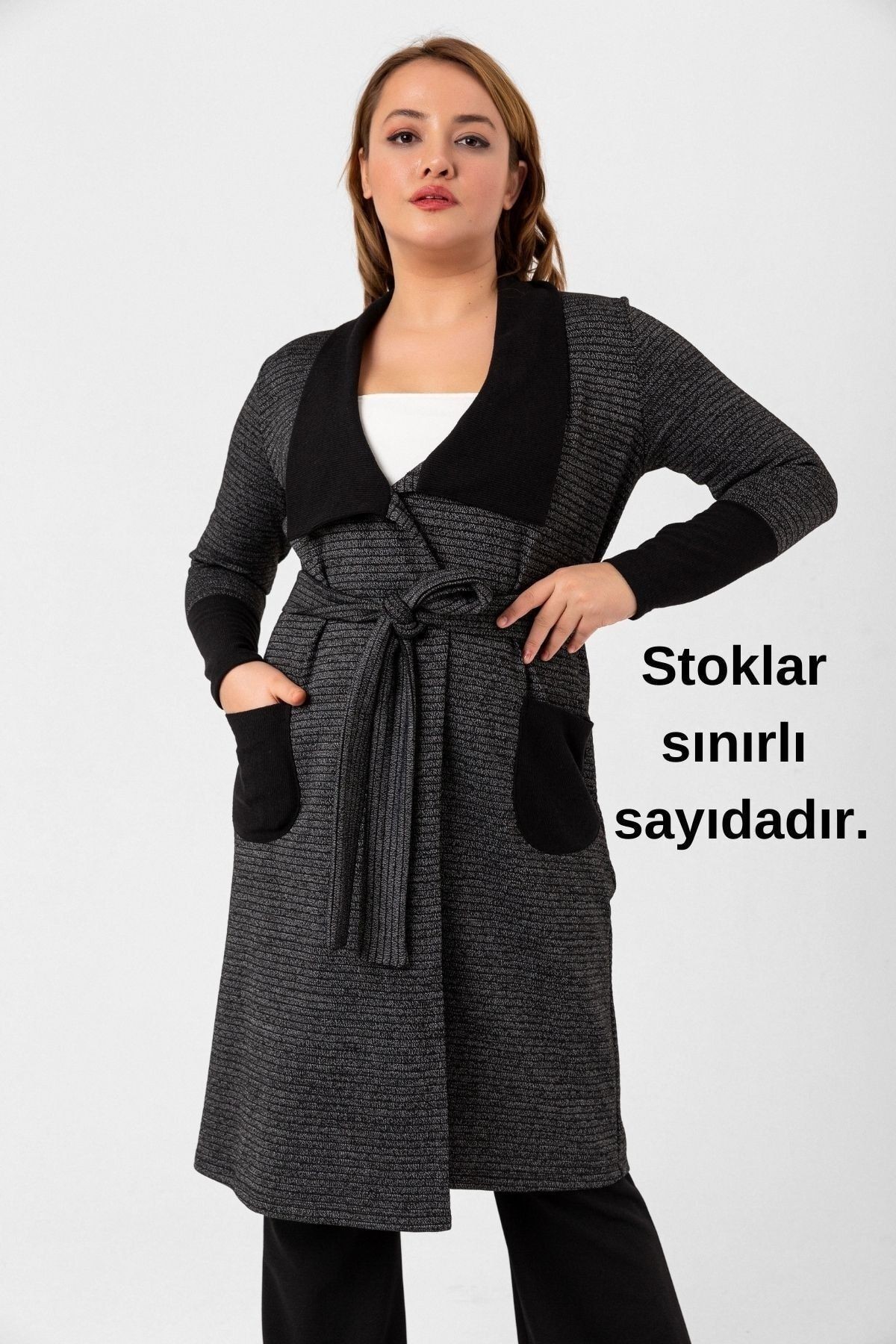 Antrasit Kaşkorse Şal Yaka Kuşak Ve Cep Detaylı Hırka